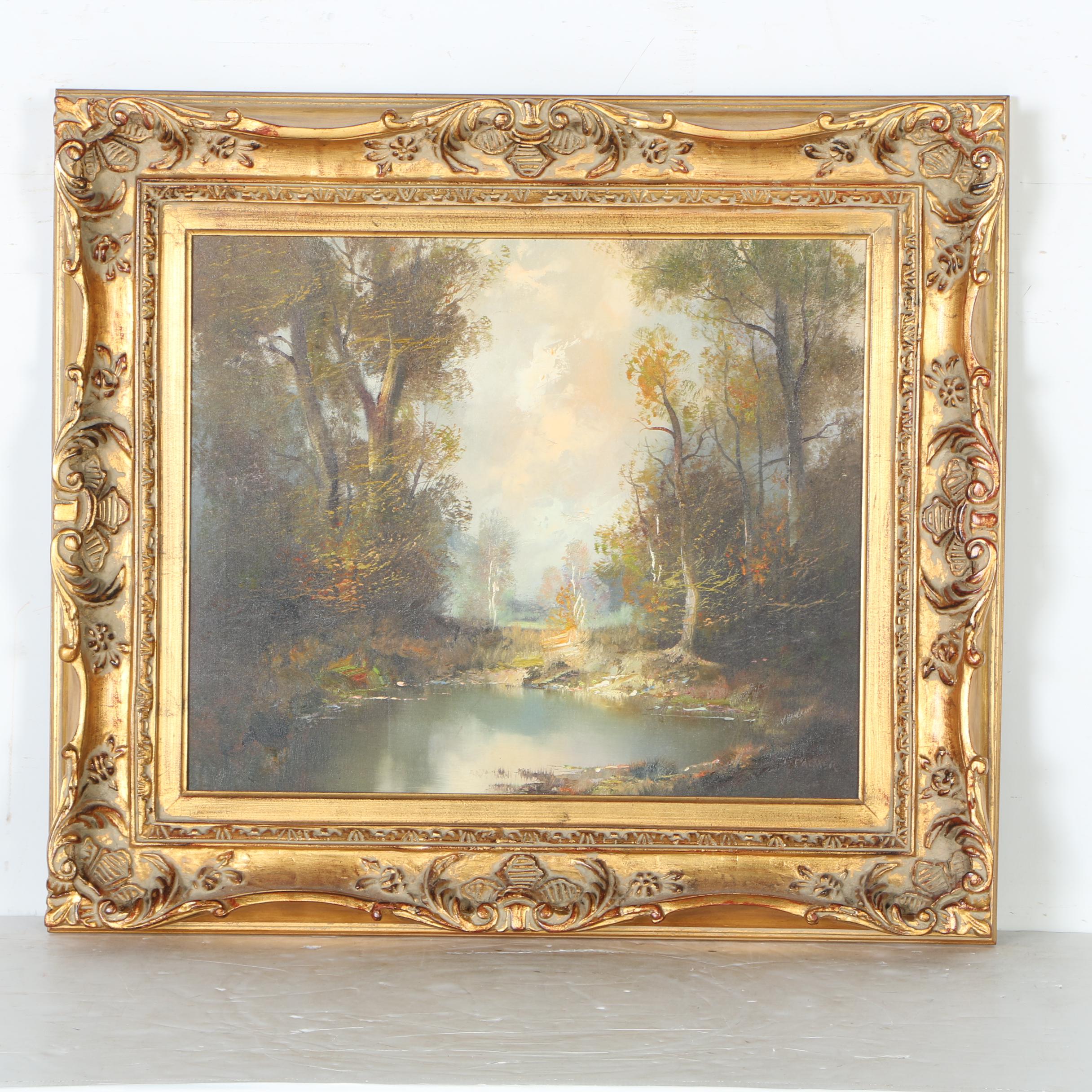 F. Palmer Oil Painting on Canvas of a Woodland Pond