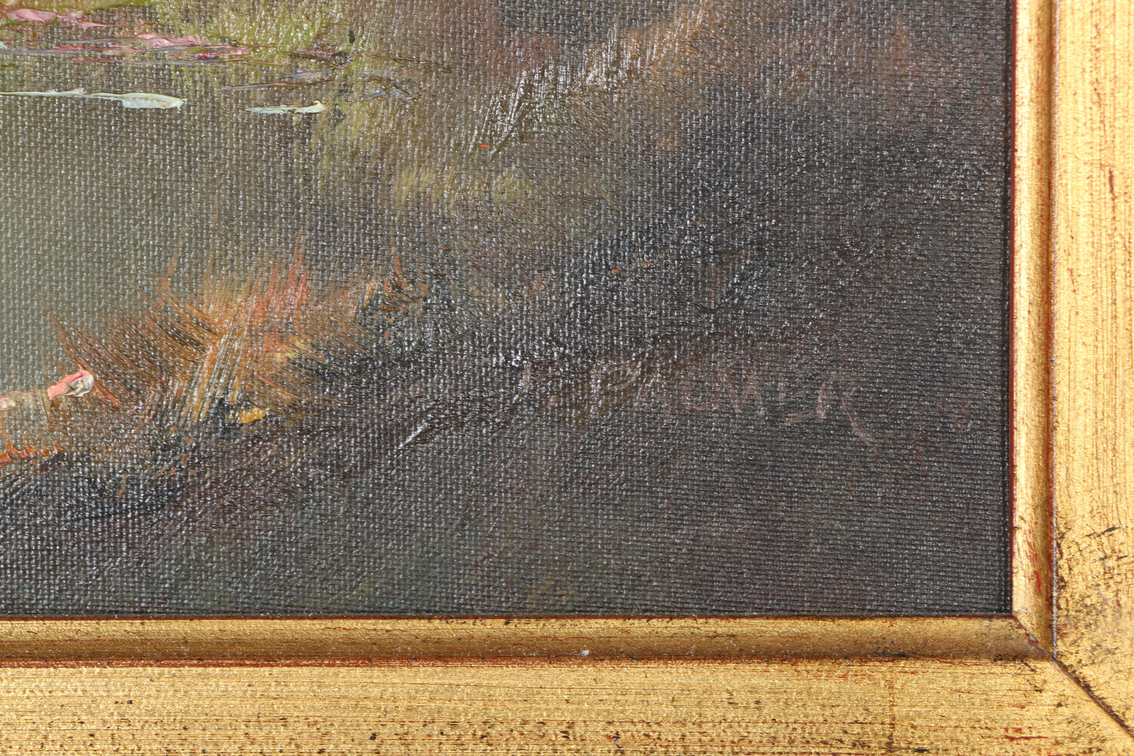 F. Palmer Oil Painting on Canvas of a Woodland Pond