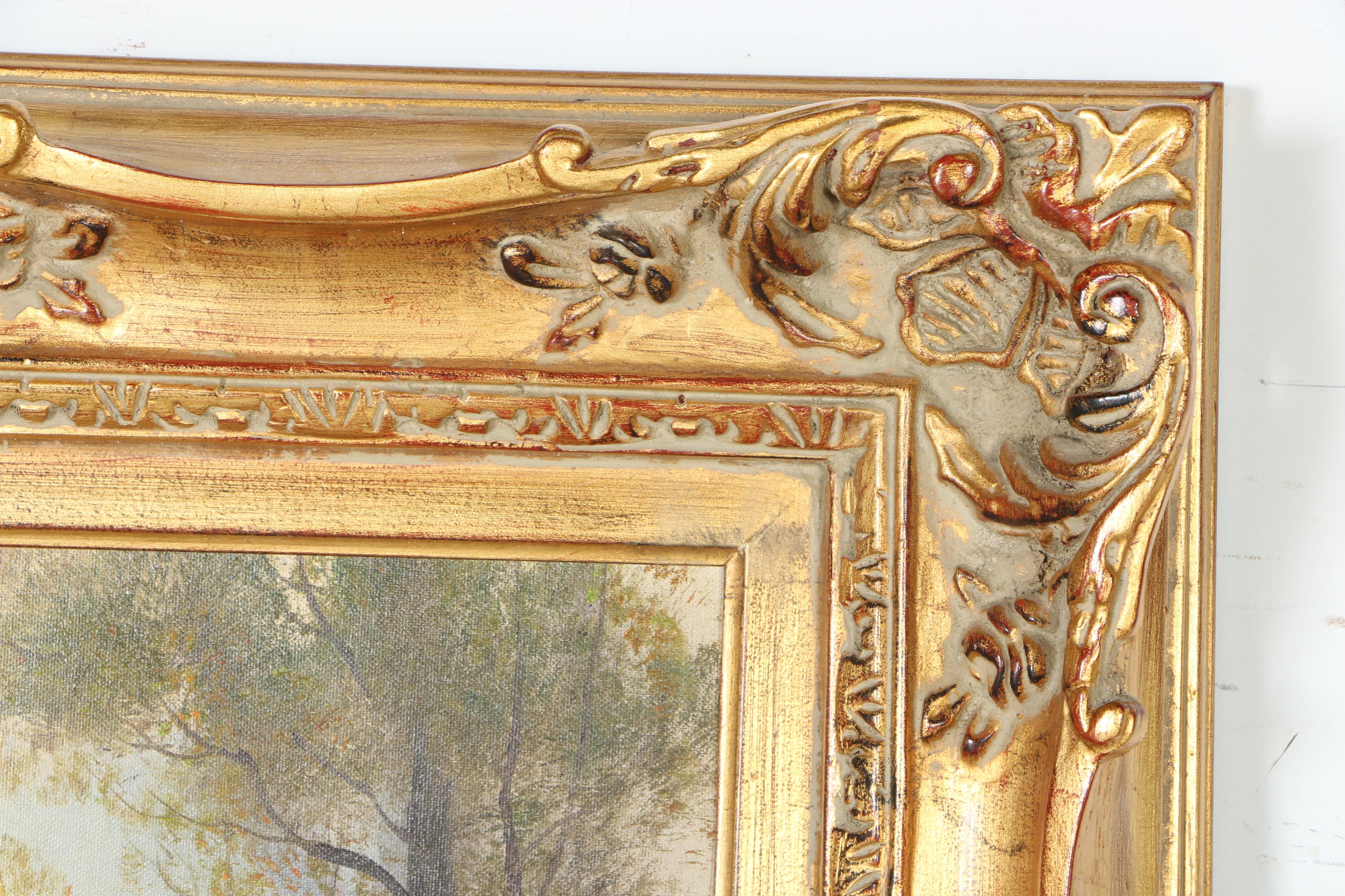 F. Palmer Oil Painting on Canvas of a Woodland Pond