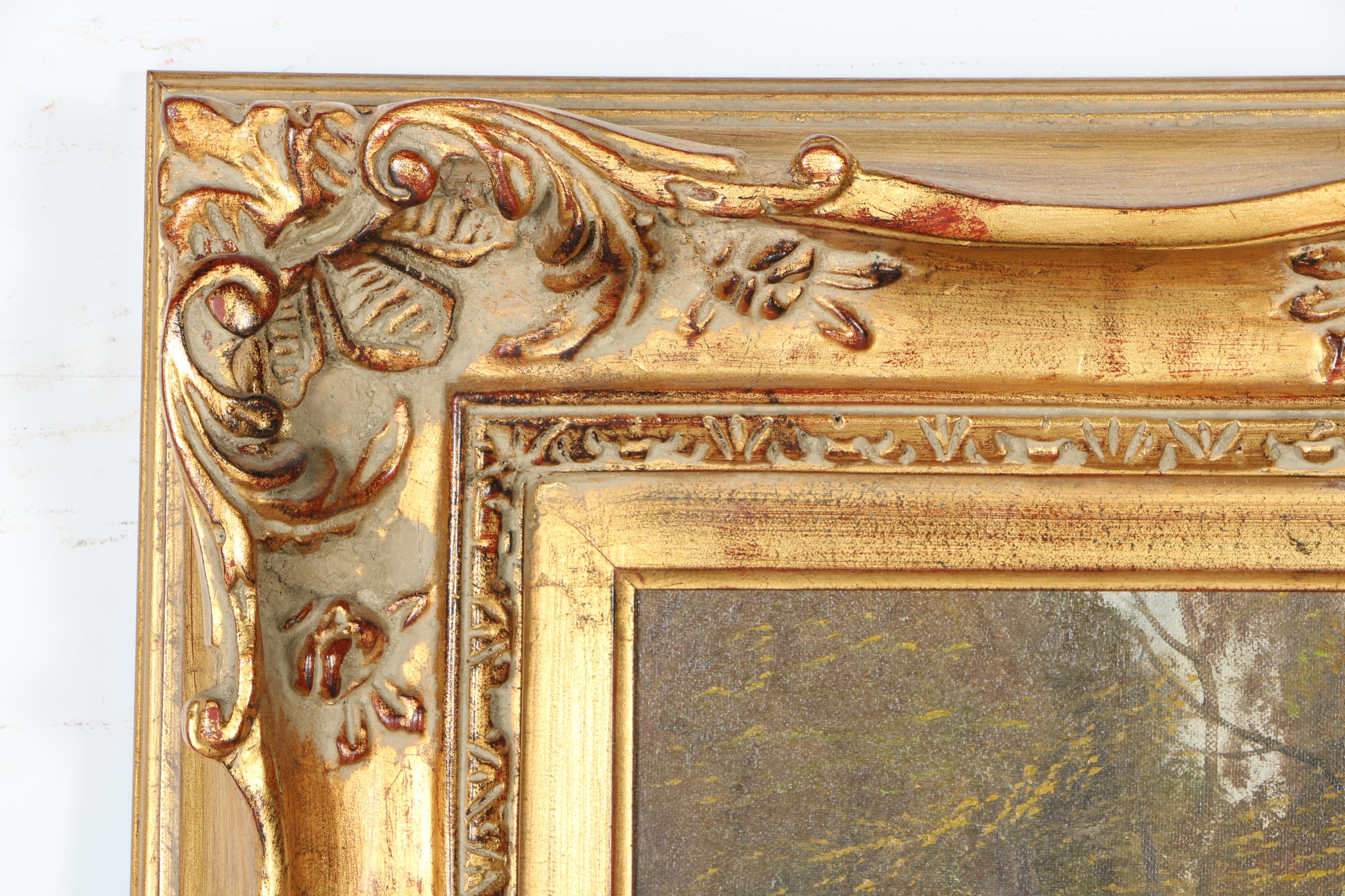 F. Palmer Oil Painting on Canvas of a Woodland Pond