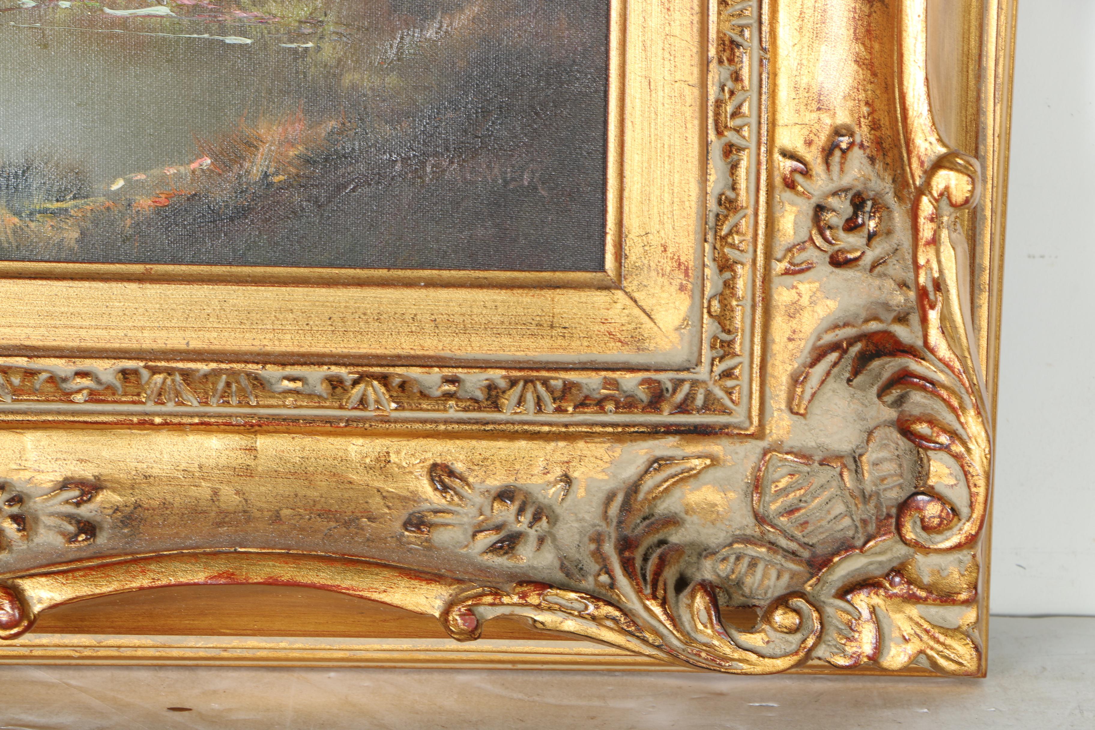 F. Palmer Oil Painting on Canvas of a Woodland Pond