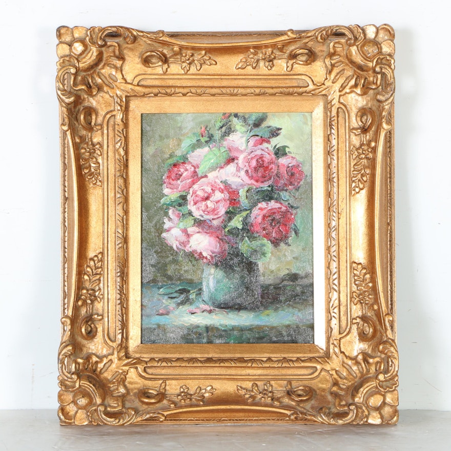 Oil Painting on Canvas of an Arrangement of Pink Roses