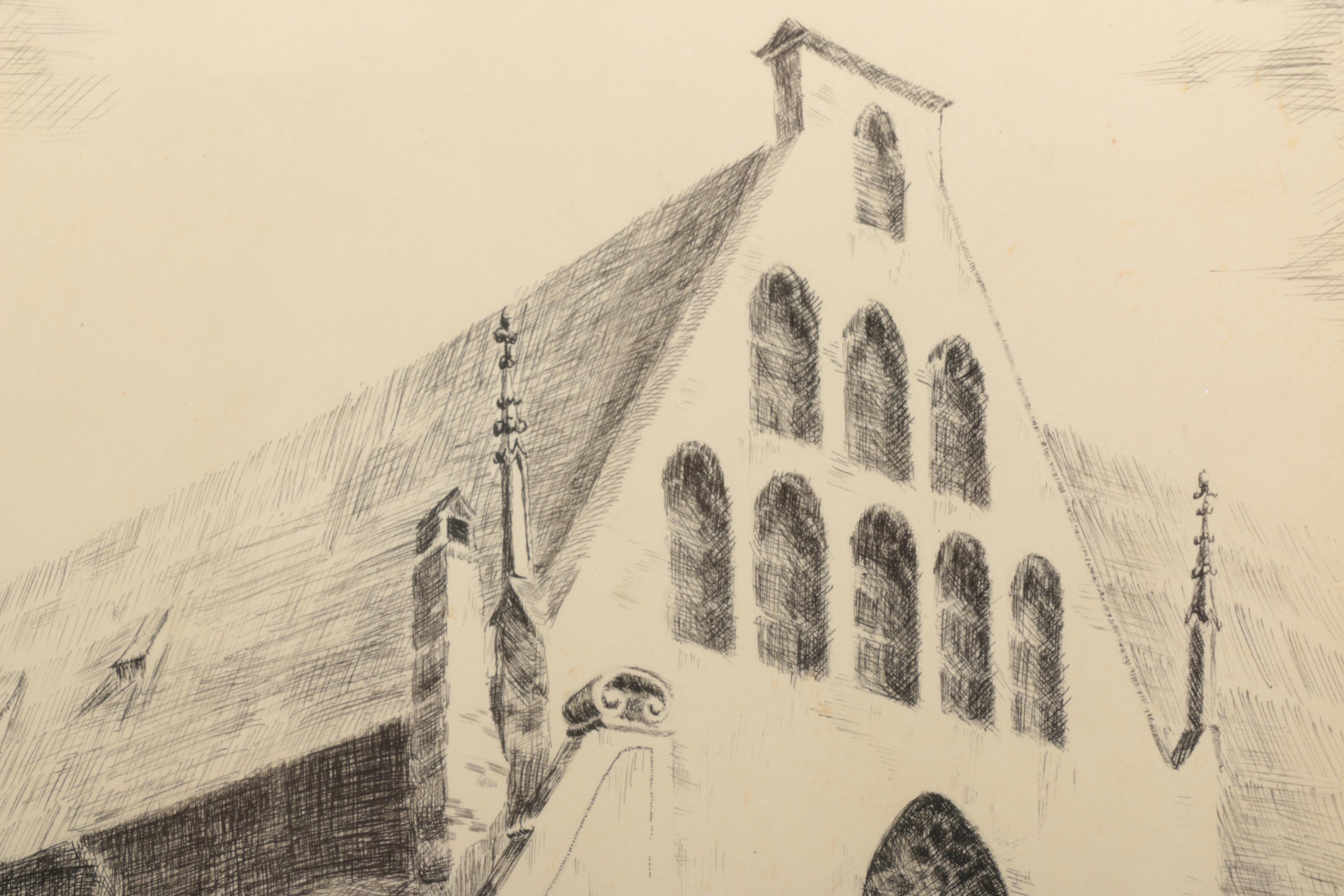 Pair of Signed Ink Drawings on Paper of Churches