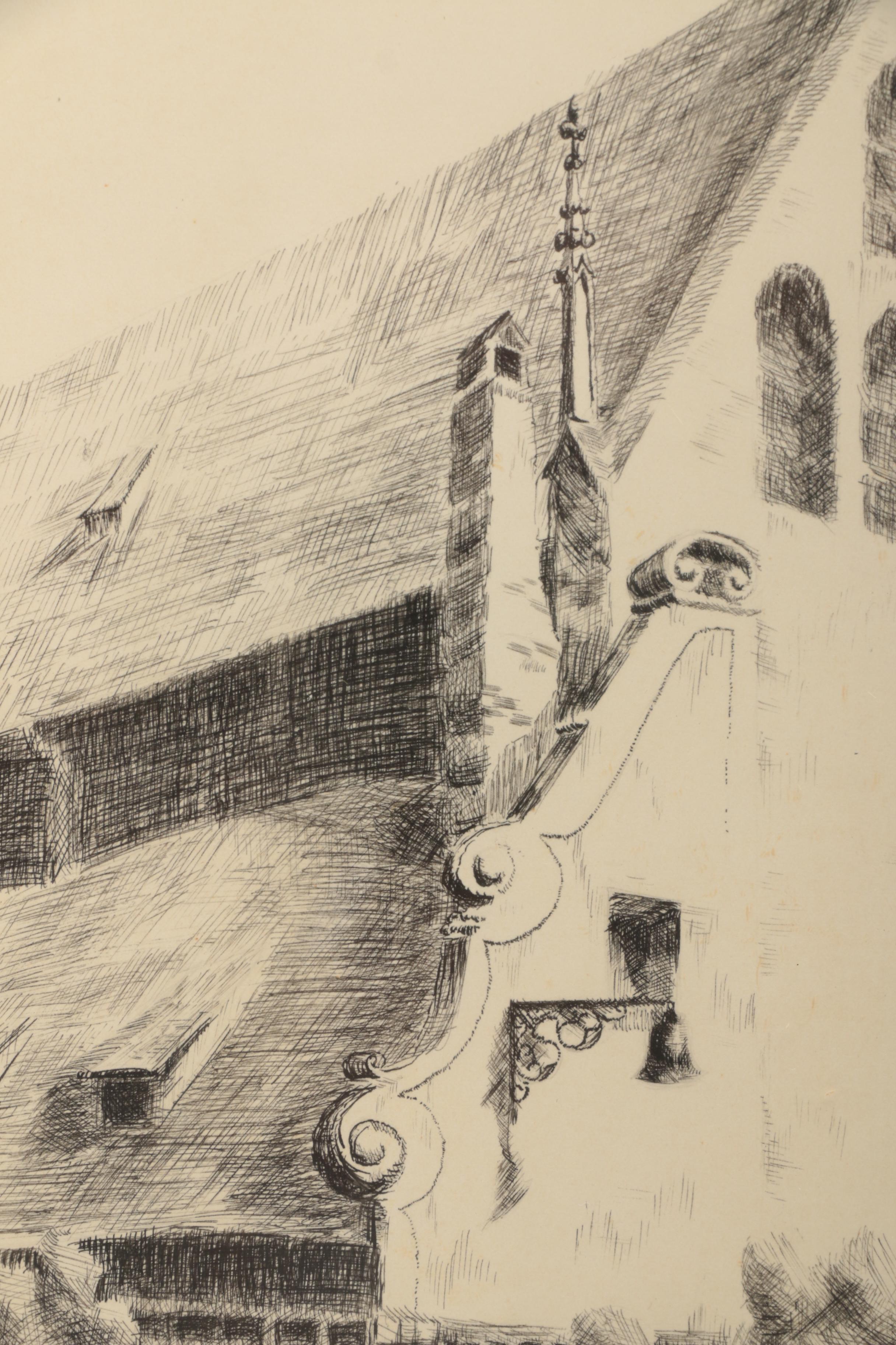 Pair of Signed Ink Drawings on Paper of Churches