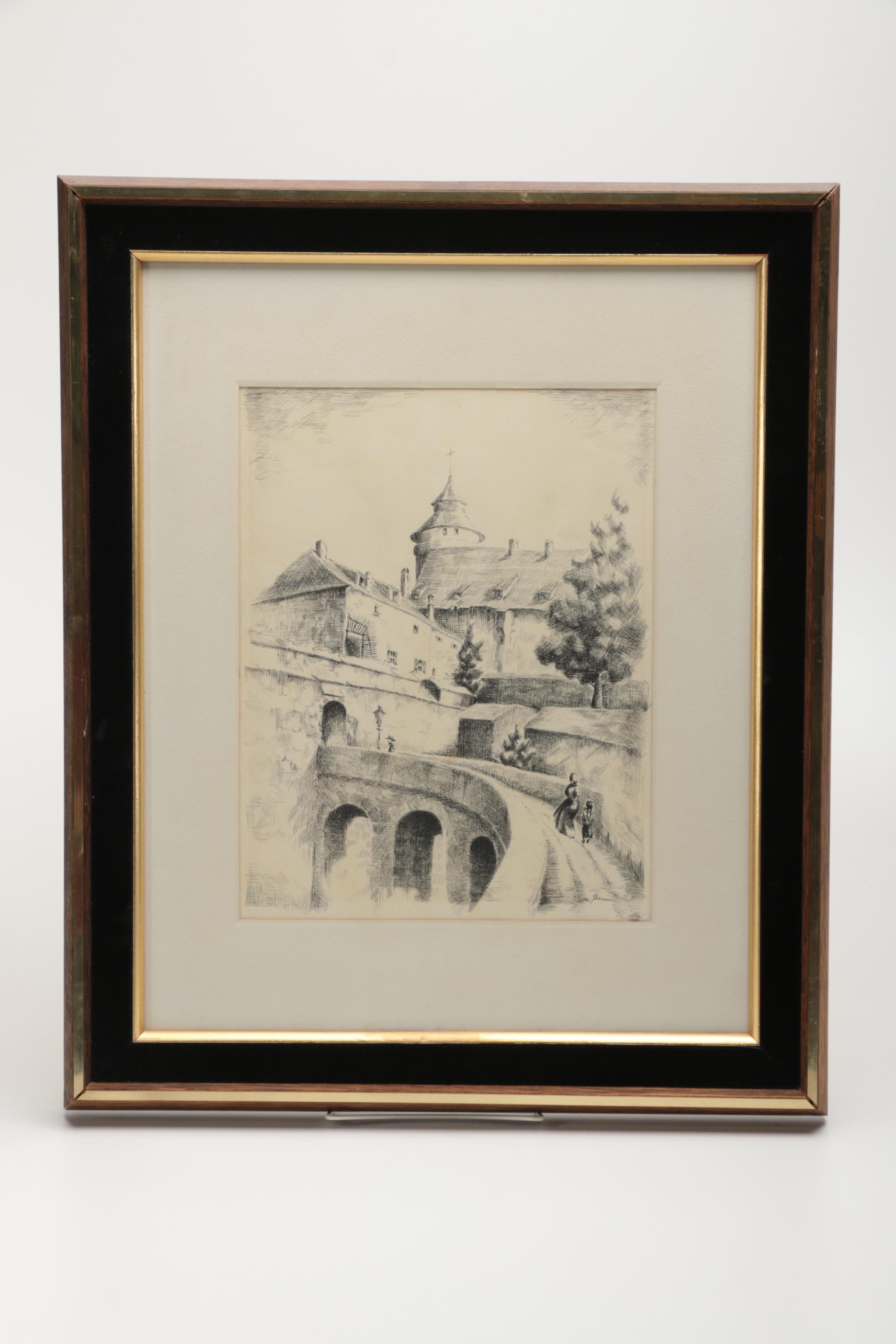 Pair of Signed Ink Drawings on Paper of Churches