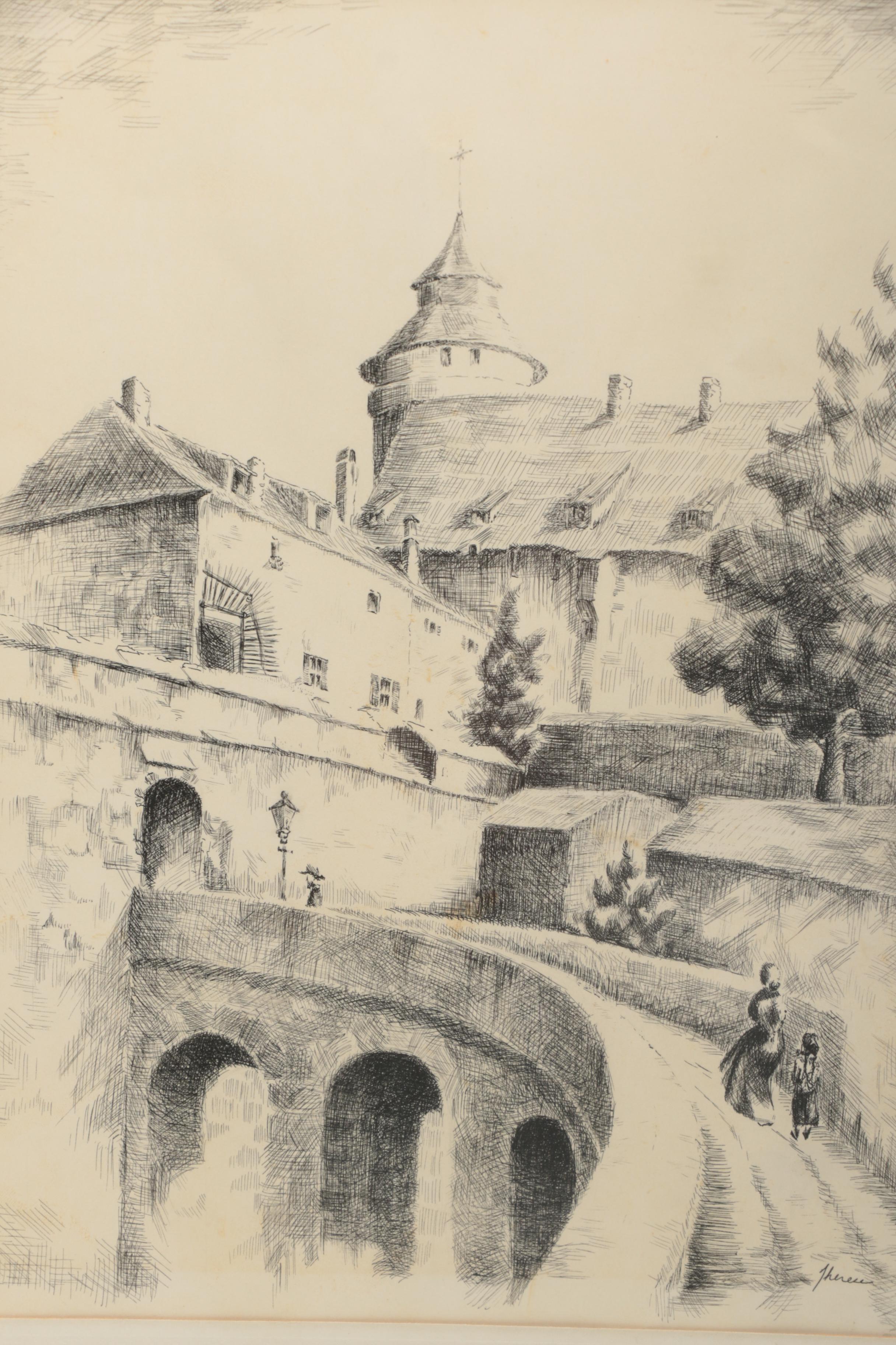 Pair of Signed Ink Drawings on Paper of Churches