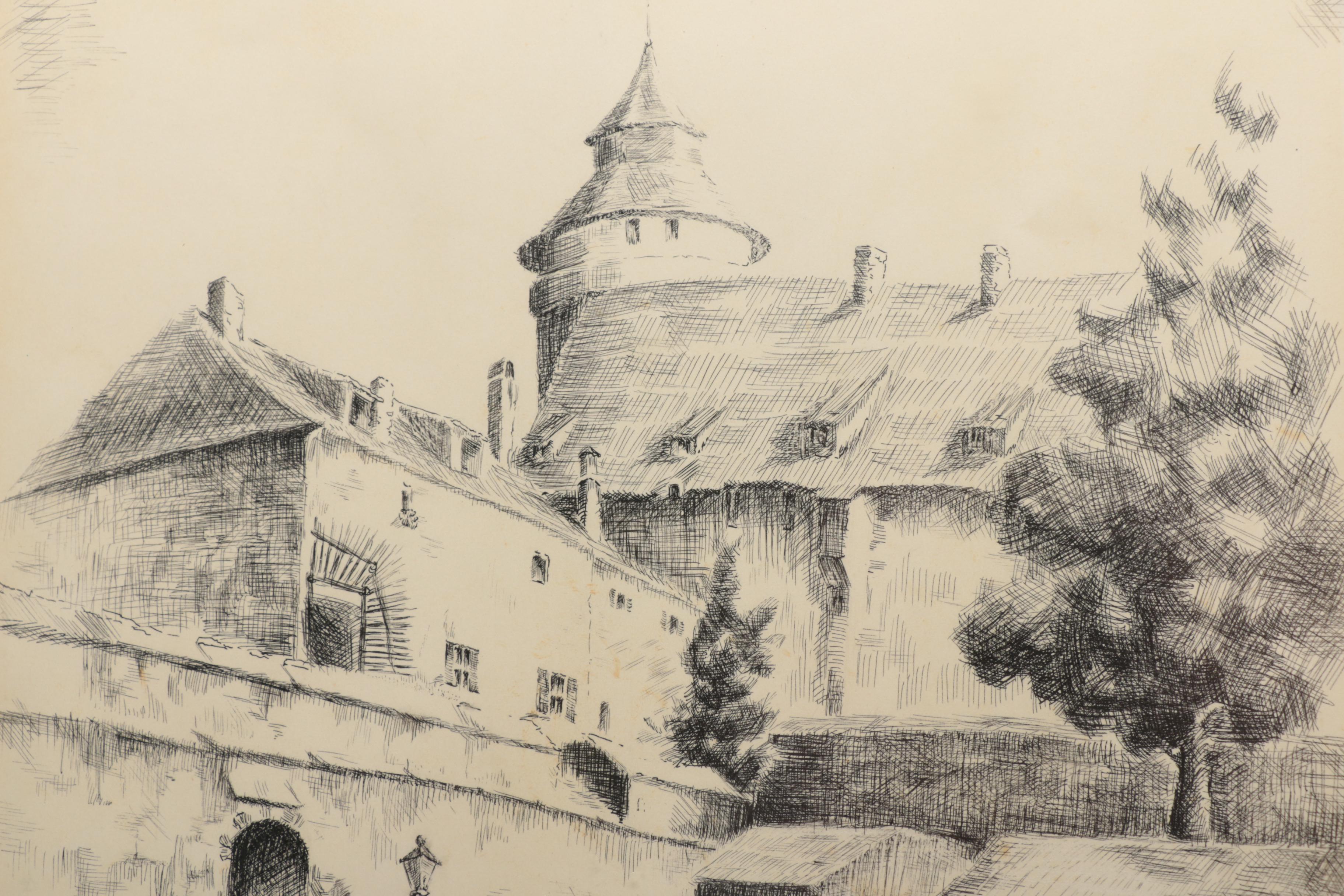 Pair of Signed Ink Drawings on Paper of Churches