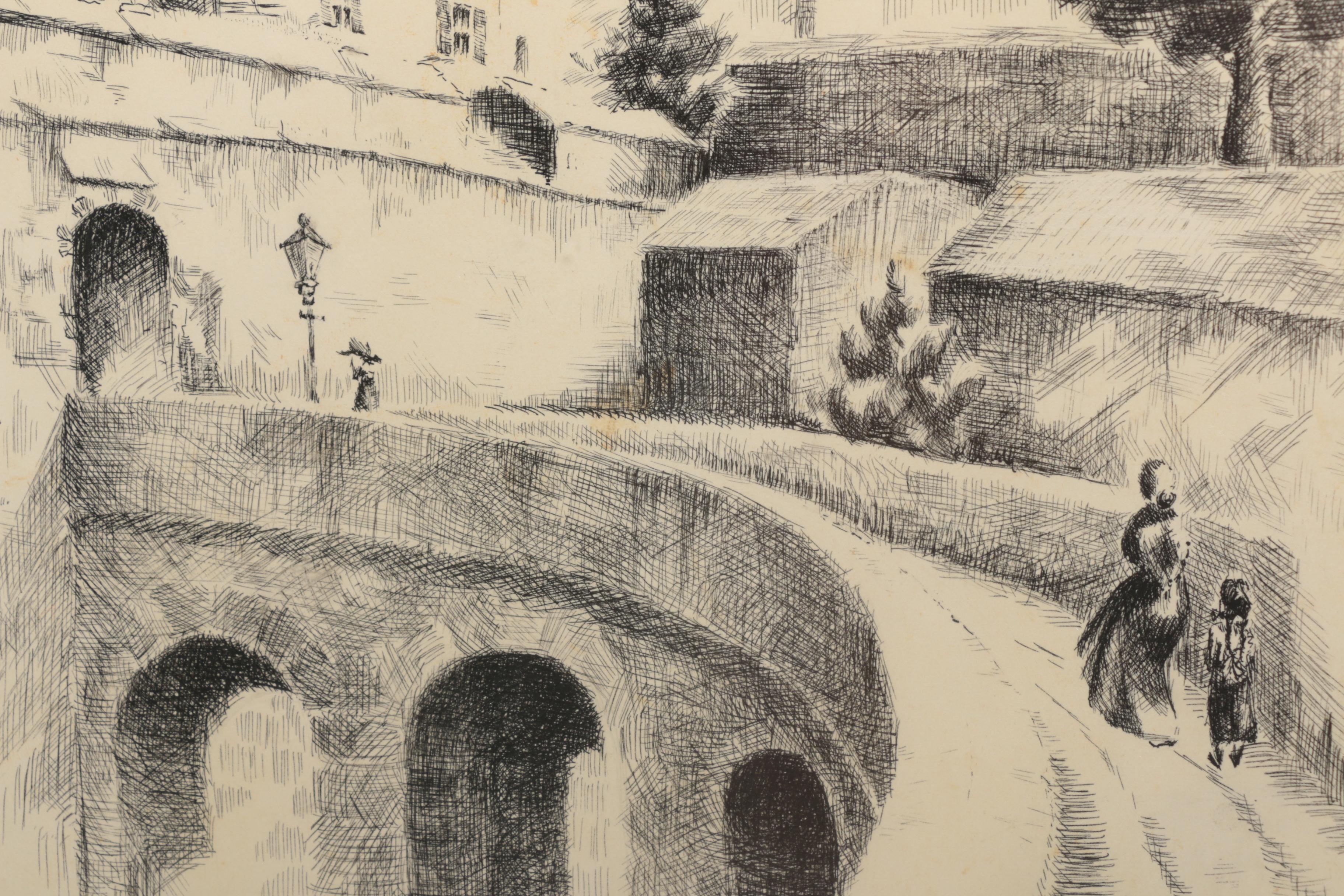 Pair of Signed Ink Drawings on Paper of Churches