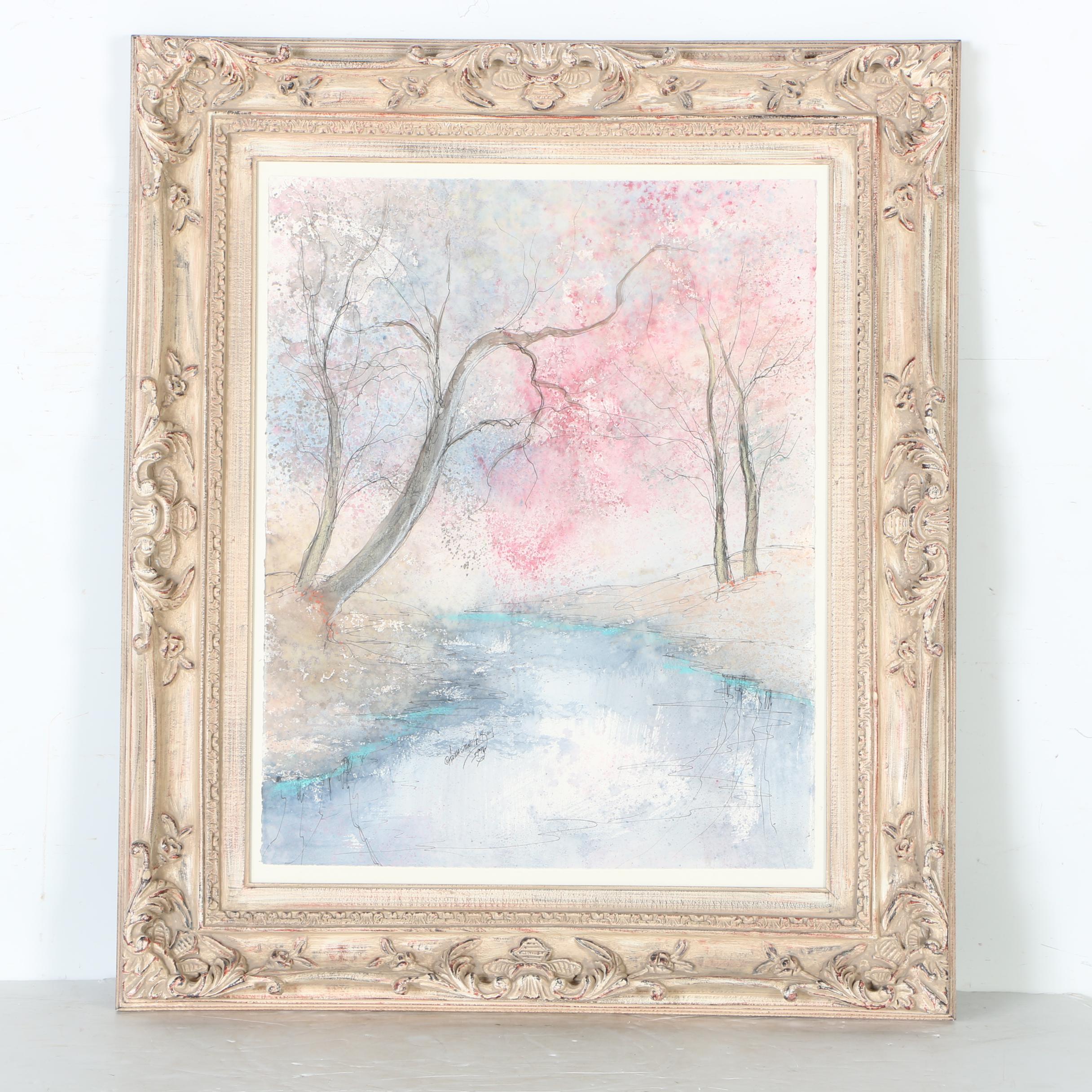 1996 Anna Sandhu Ray Watercolor on Paper of a Winding Stream