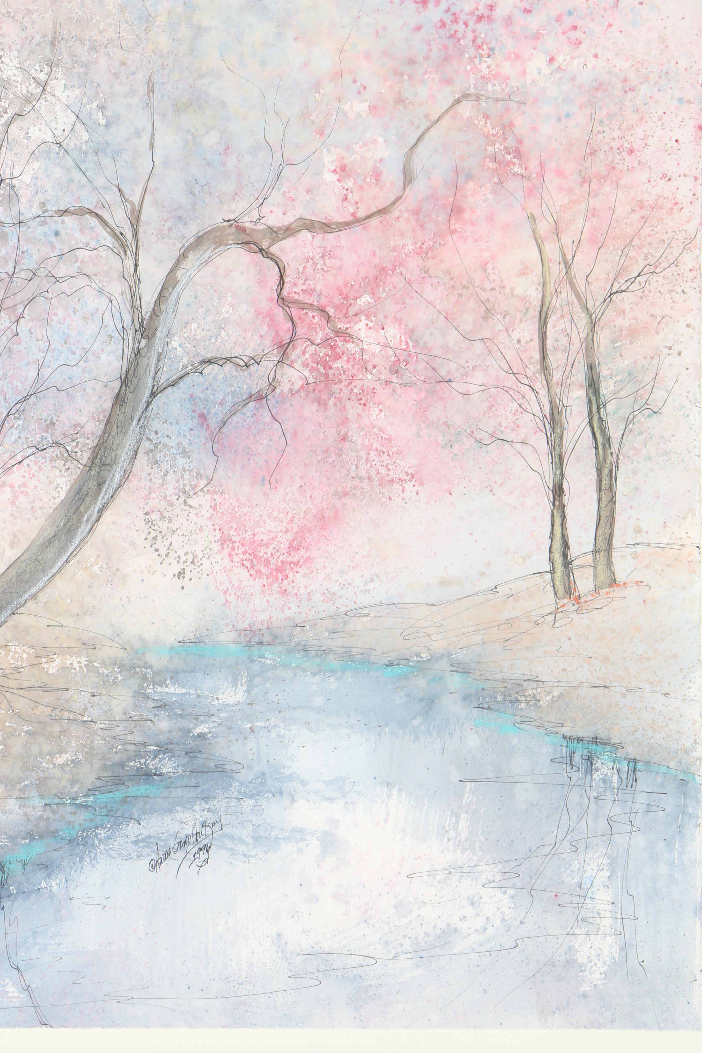 1996 Anna Sandhu Ray Watercolor on Paper of a Winding Stream