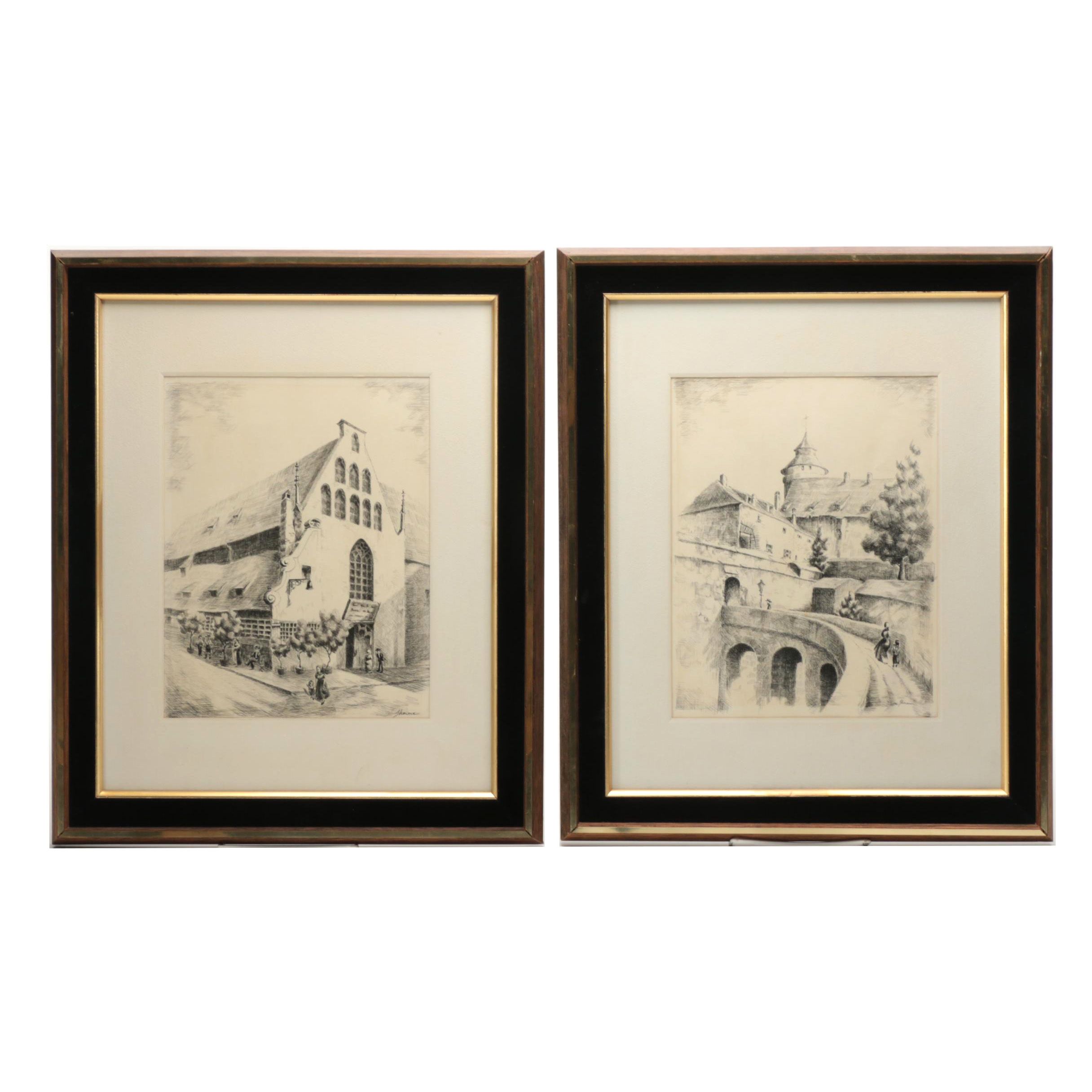 Pair of Signed Ink Drawings on Paper of Churches