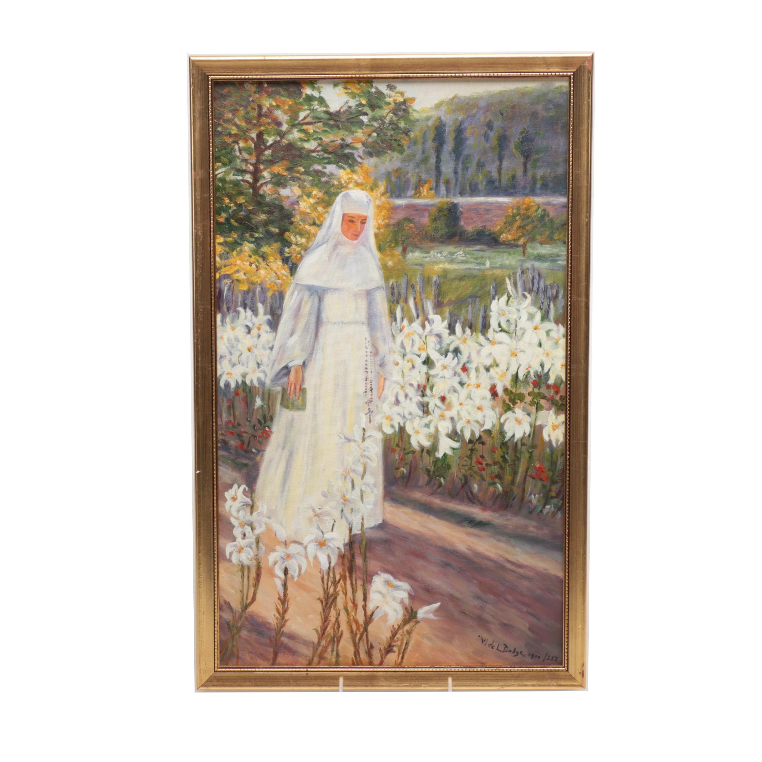 1982 Leonida Ivanetich Acrylic on Canvas Copy Painting After William De Leftwich Dodge's "The Novice"