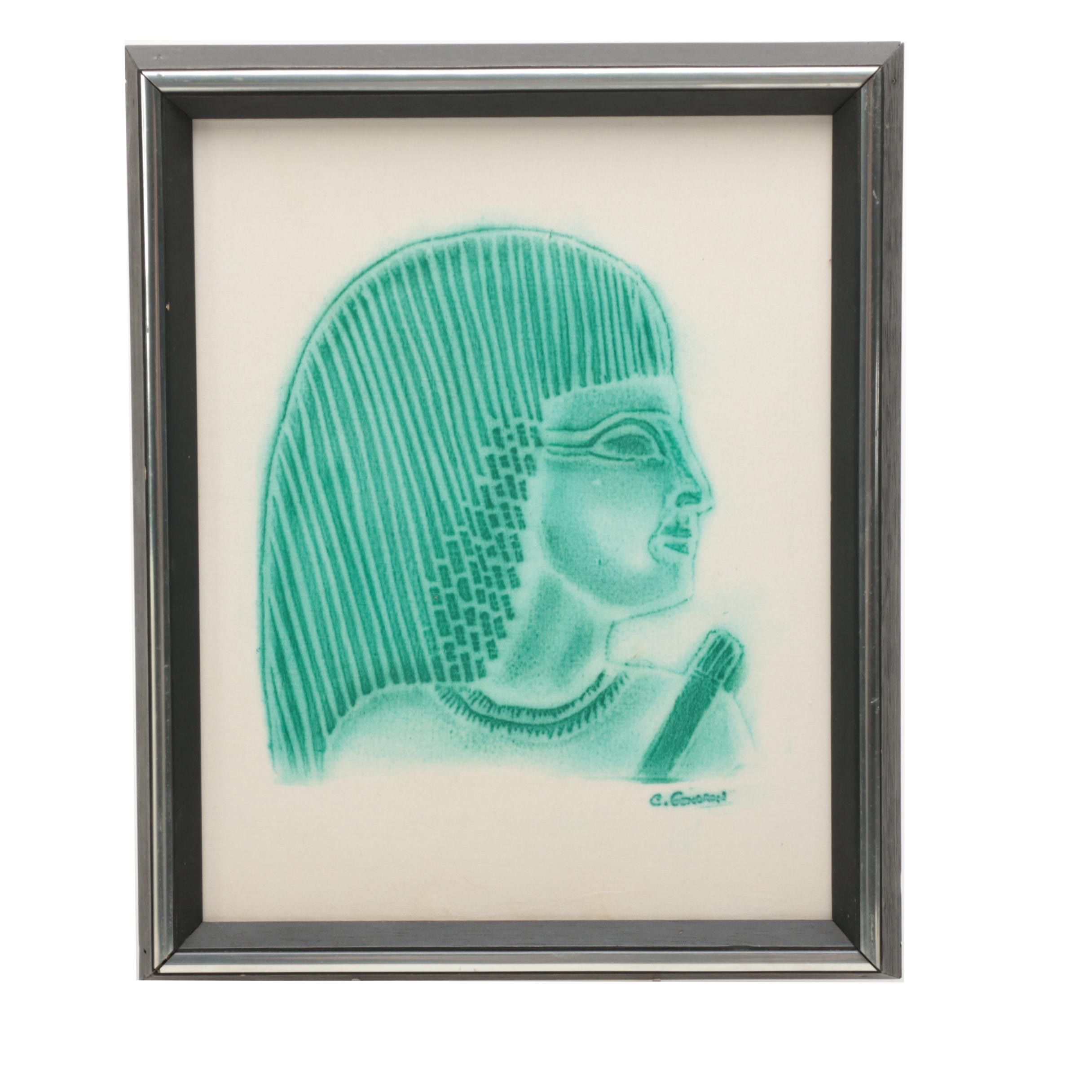 Carla Gendron Oil Rubbing on Egyptian Cotton "Head Of Tutankhamon"