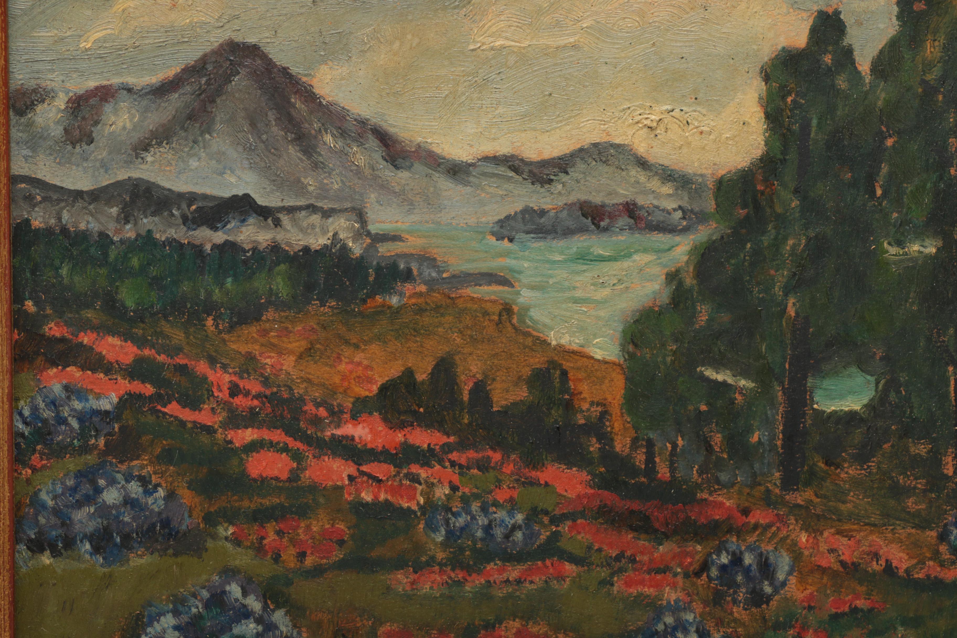 Landscape Oil on Board Painting of Mountain Scene