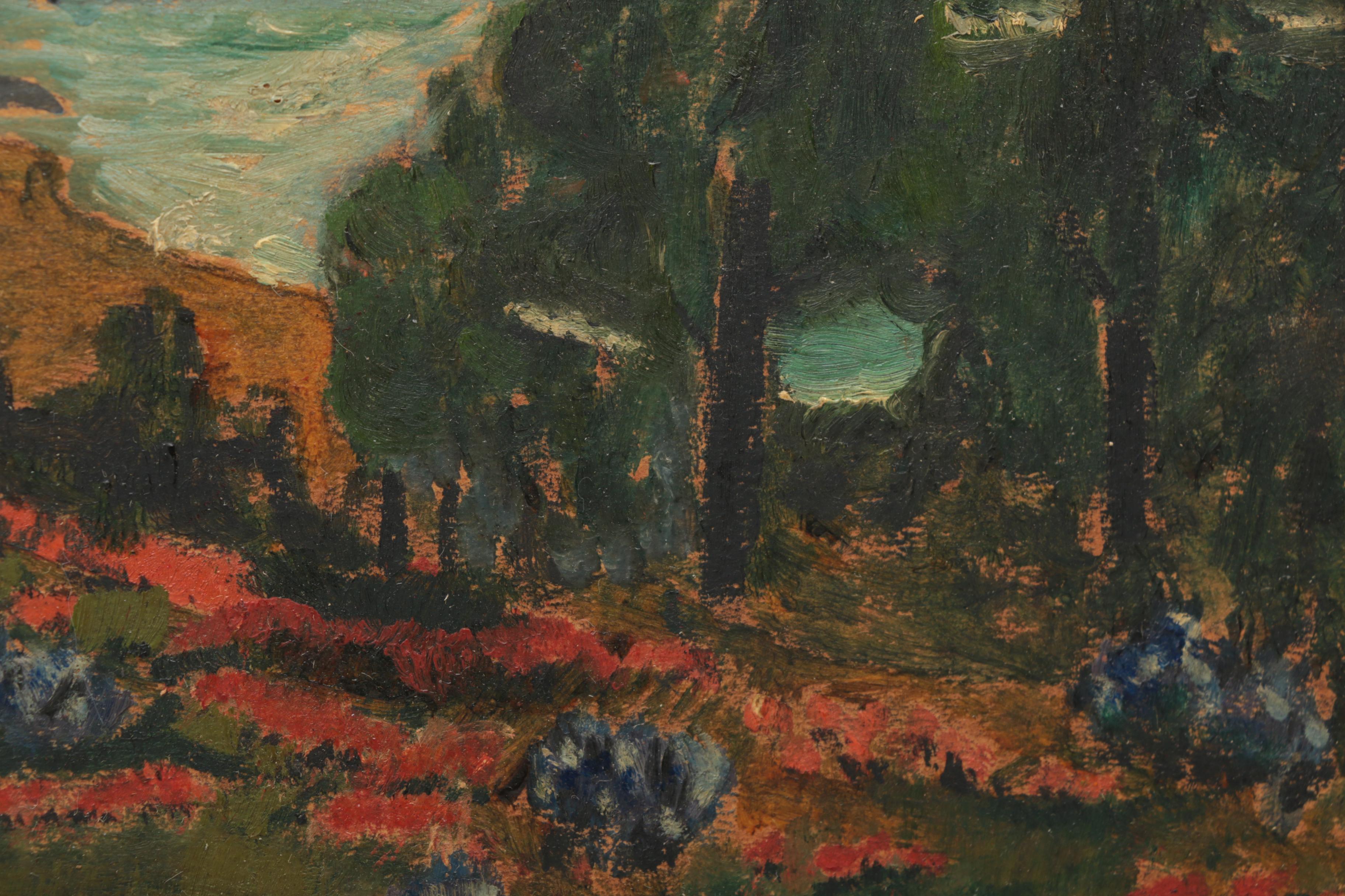 Landscape Oil on Board Painting of Mountain Scene