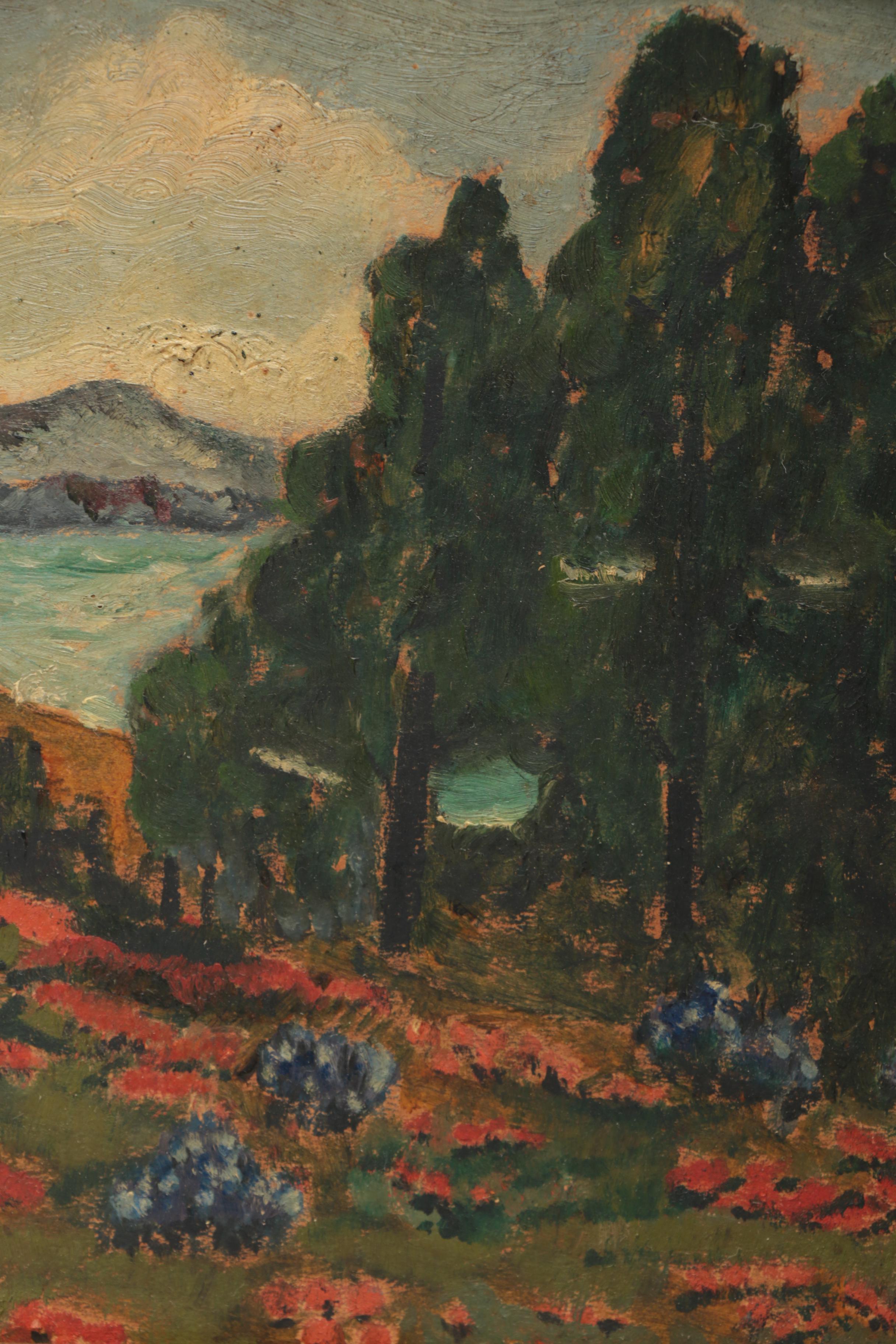 Landscape Oil on Board Painting of Mountain Scene