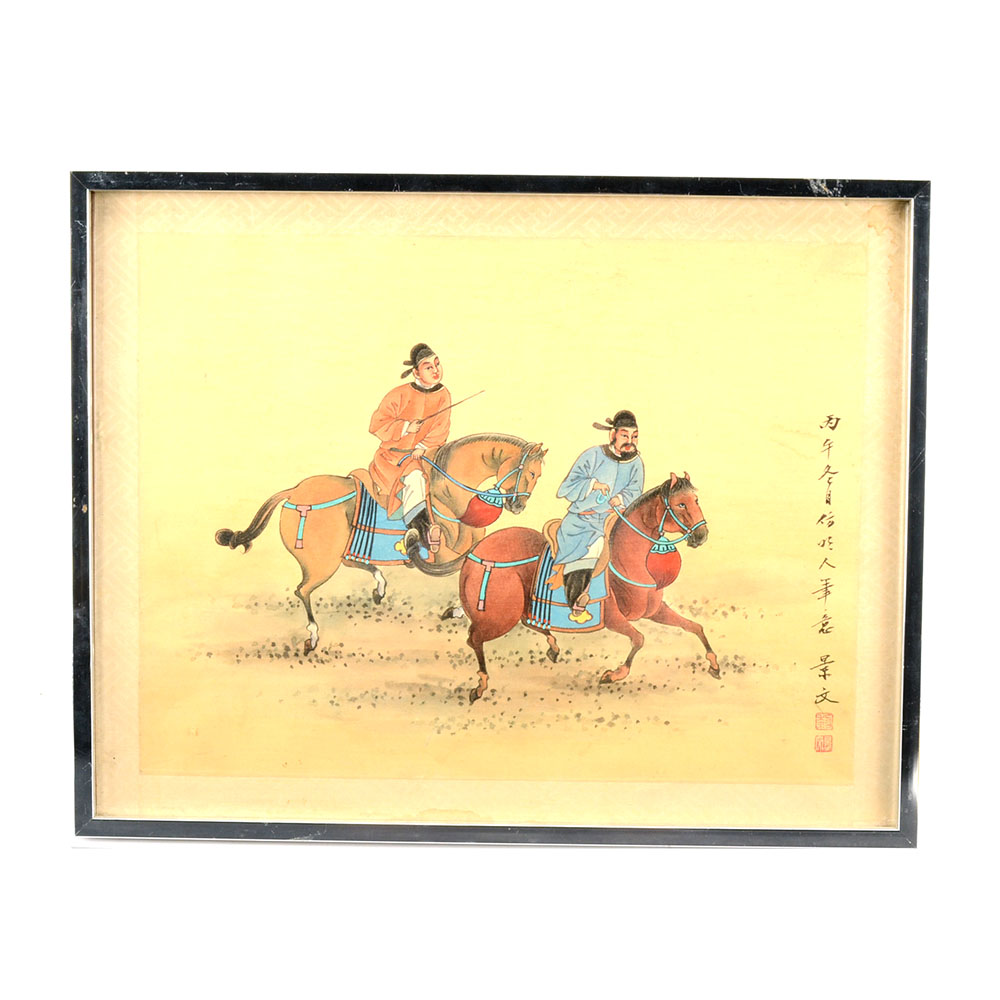 Original Chinese Gouche Painting on Silk of Men on Horseback