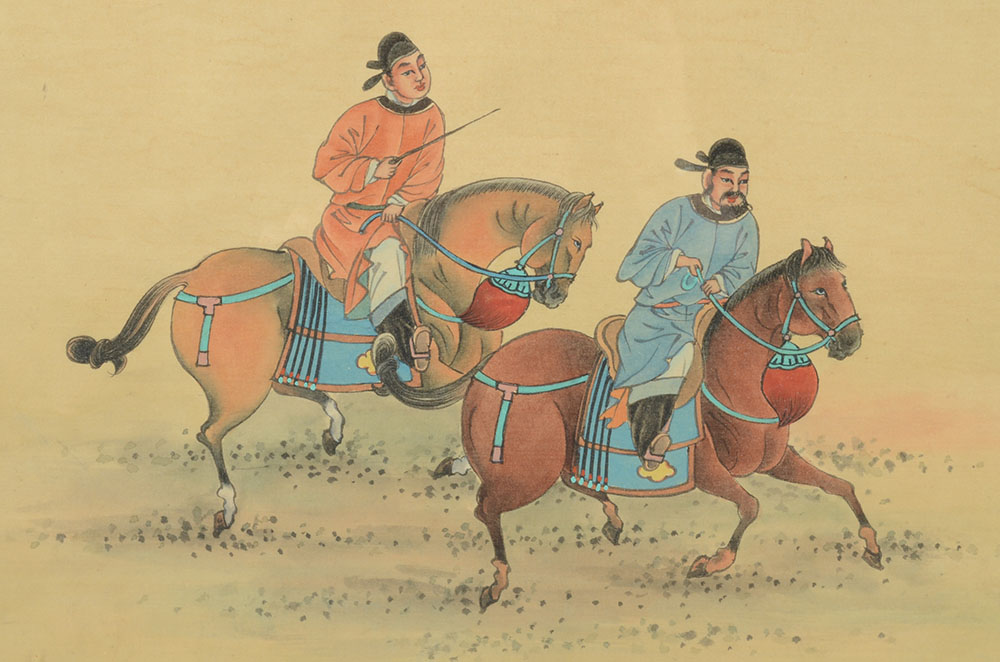 Original Chinese Gouche Painting on Silk of Men on Horseback