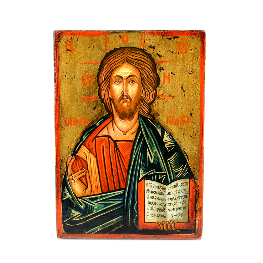 Antique Byzantine Tempera and Gold Leaf Religious Icon on Wood Panel of Christ Pantocrator