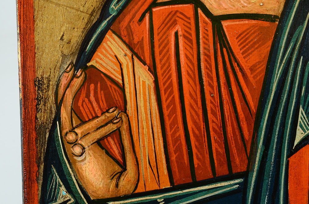 Antique Byzantine Tempera and Gold Leaf Religious Icon on Wood Panel of Christ Pantocrator