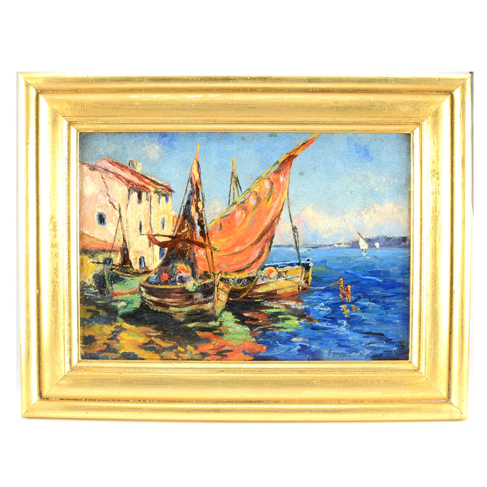 George Sumner Colman Original Oil Harbor Scene on Canvas Board