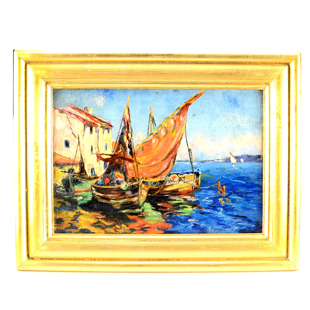 George Sumner Colman Original Oil Harbor Scene on Canvas Board