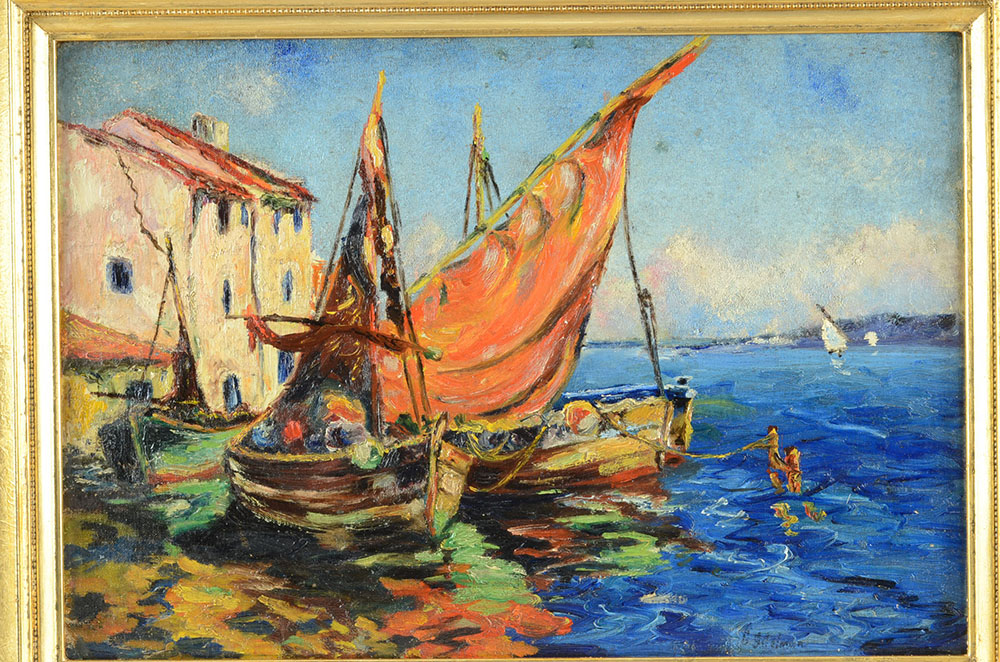George Sumner Colman Original Oil Harbor Scene on Canvas Board