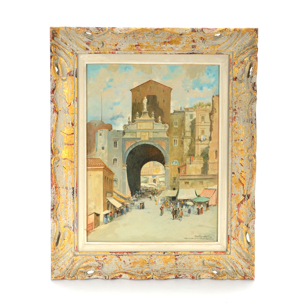 Ugo Fioravanti Original Oil on Canvas "Napoli Mercato a Porta Capuana"
