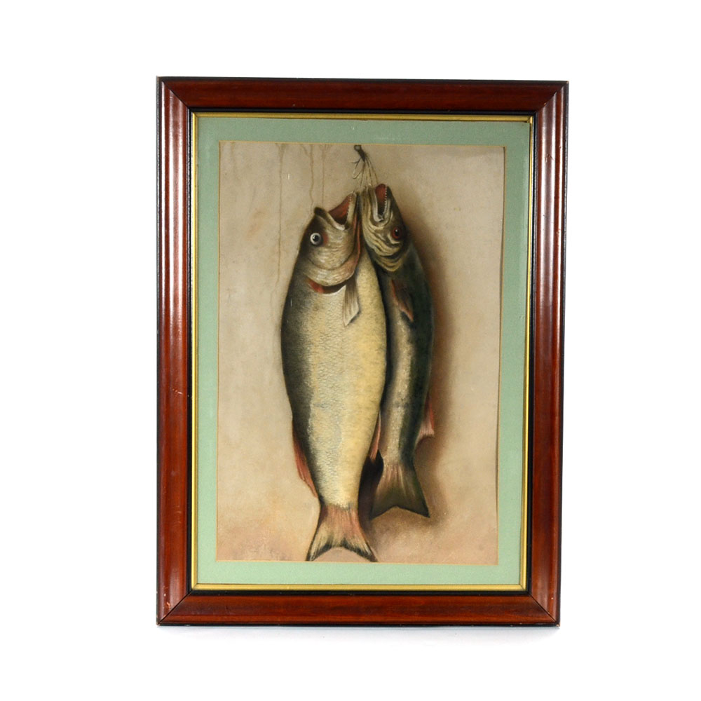 Antique Original Pastel Drawing of Caught Fish