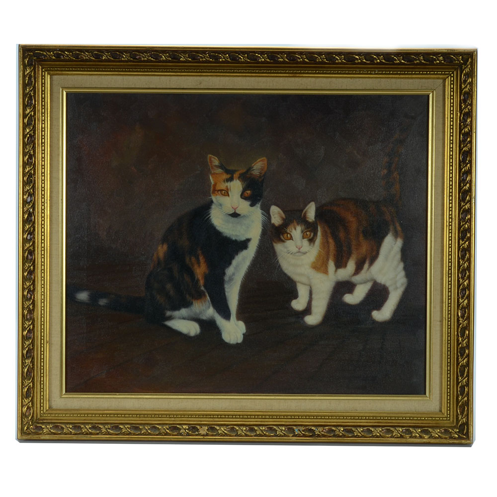 Vintage Oil Painting on Canvas of Cats