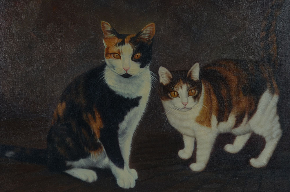Vintage Oil Painting on Canvas of Cats
