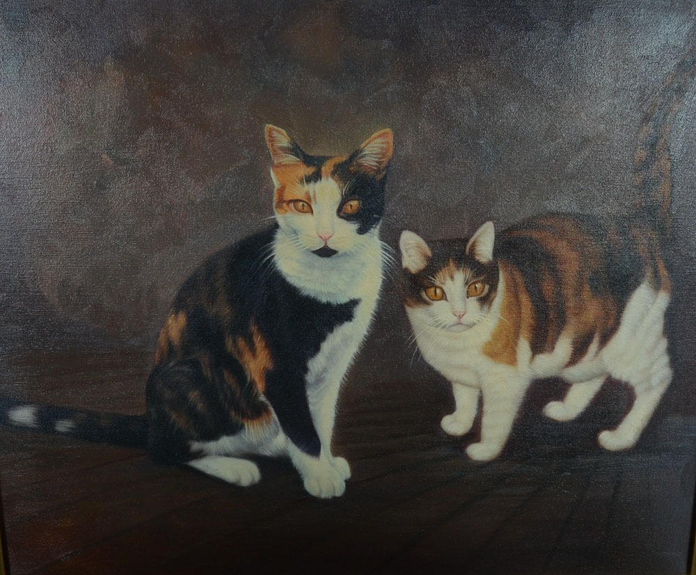 Vintage Oil Painting on Canvas of Cats