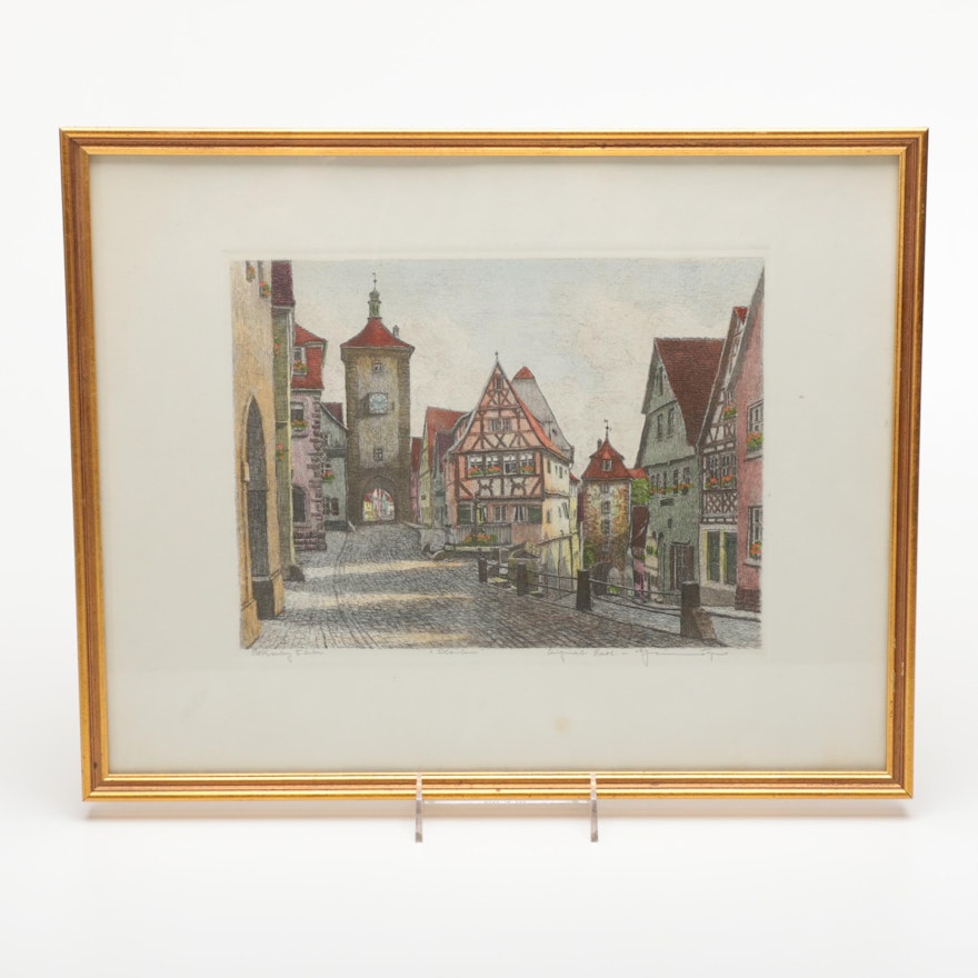 Limited Edition Hand Colored Etching of a Street in Rothenburg ob der Tauber