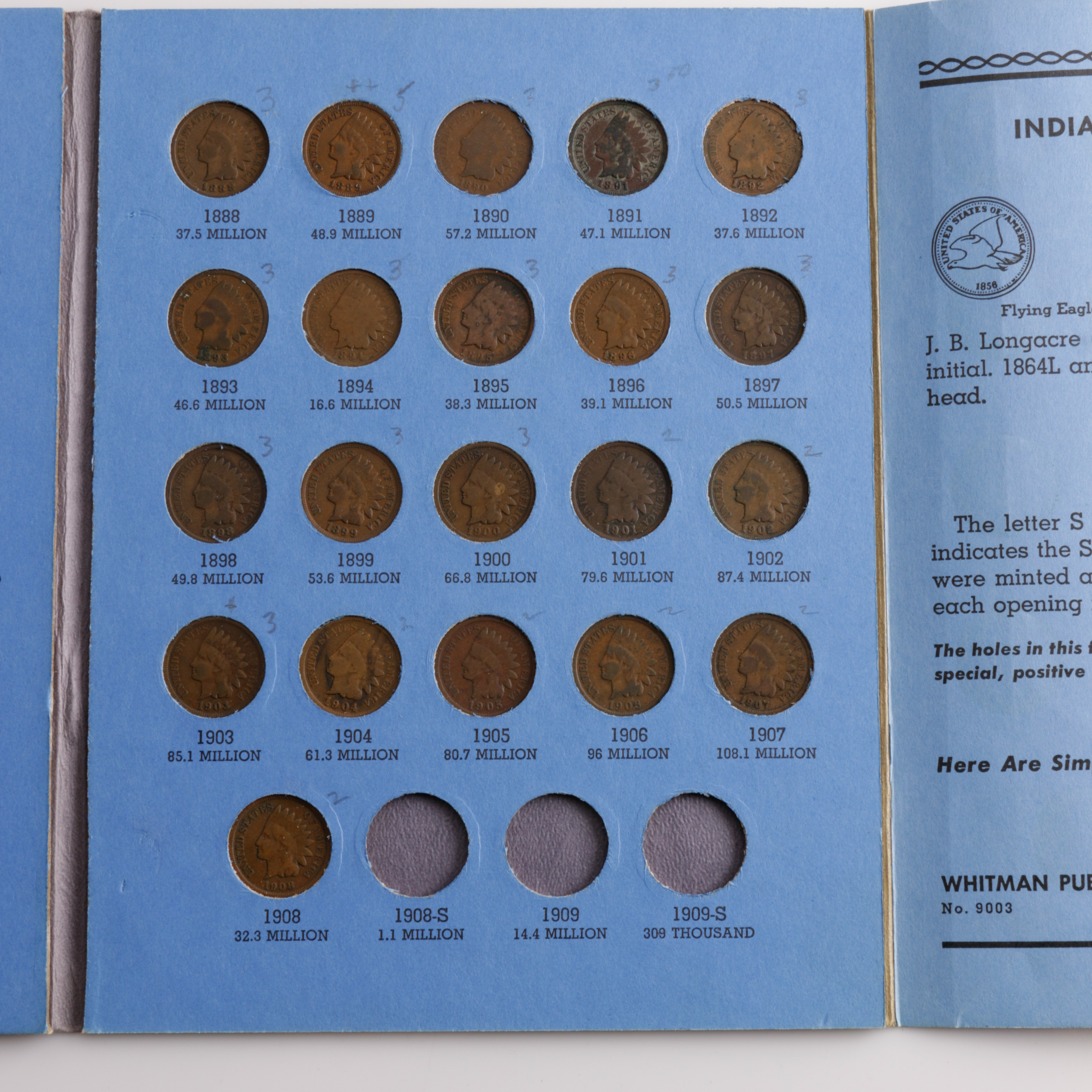 Group of 25 Flying Eagle and Indian Head cents in a Whitman Coin Folder Ranging in Age from 1857 to 1908