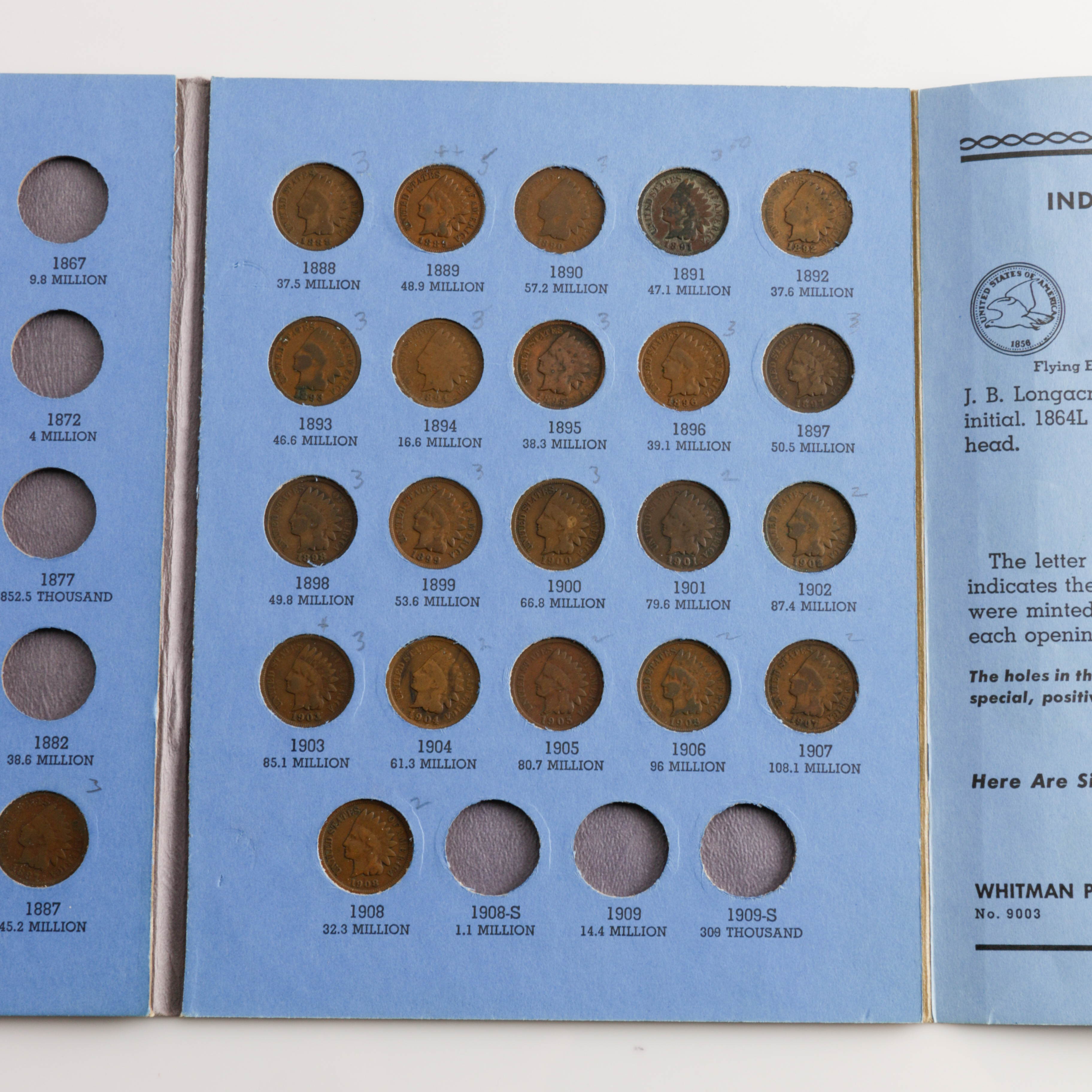 Group of 25 Flying Eagle and Indian Head cents in a Whitman Coin Folder Ranging in Age from 1857 to 1908