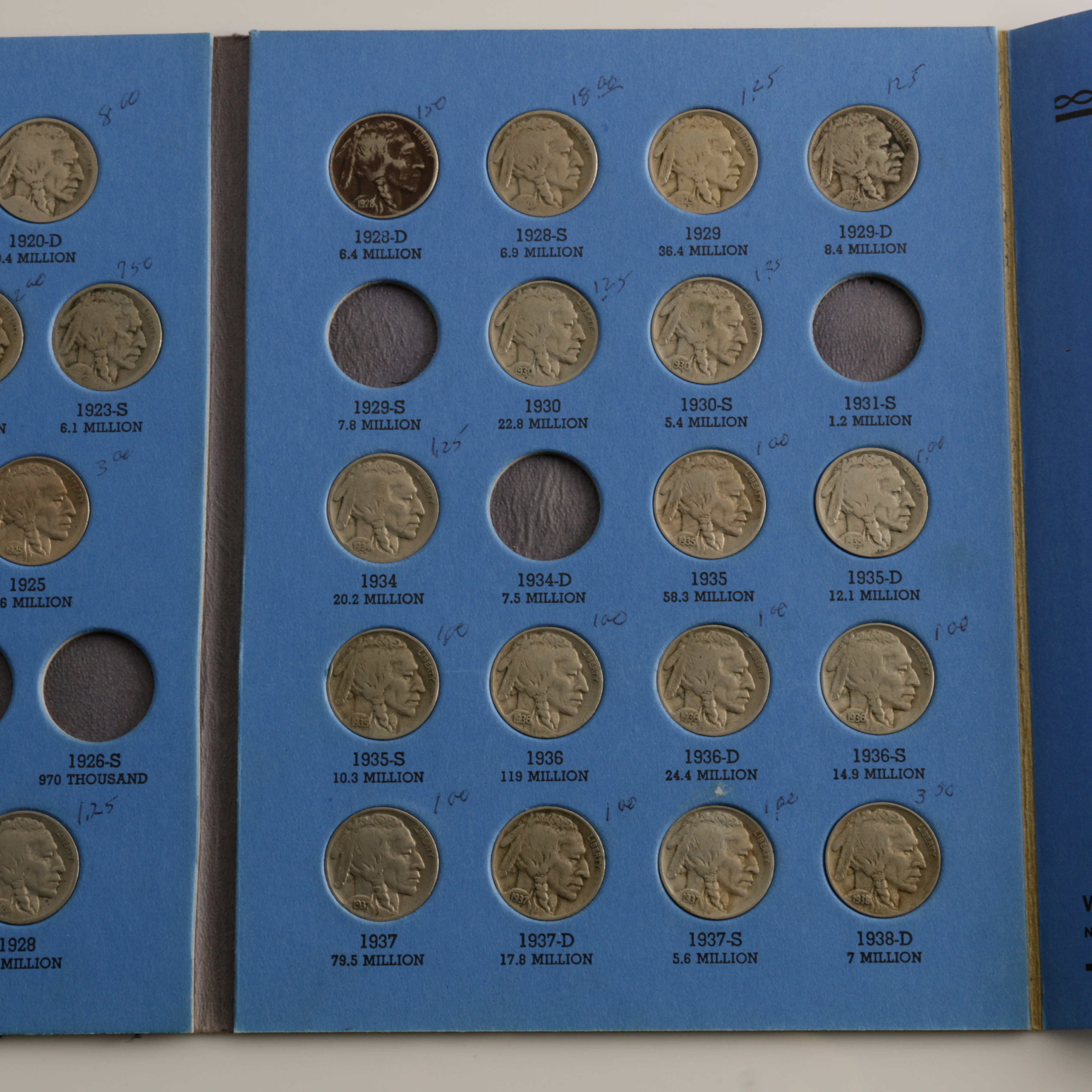 Group of 42 Buffalo Nickels in a Whitman Coin Folder Ranging in Age from 1913 to 1938