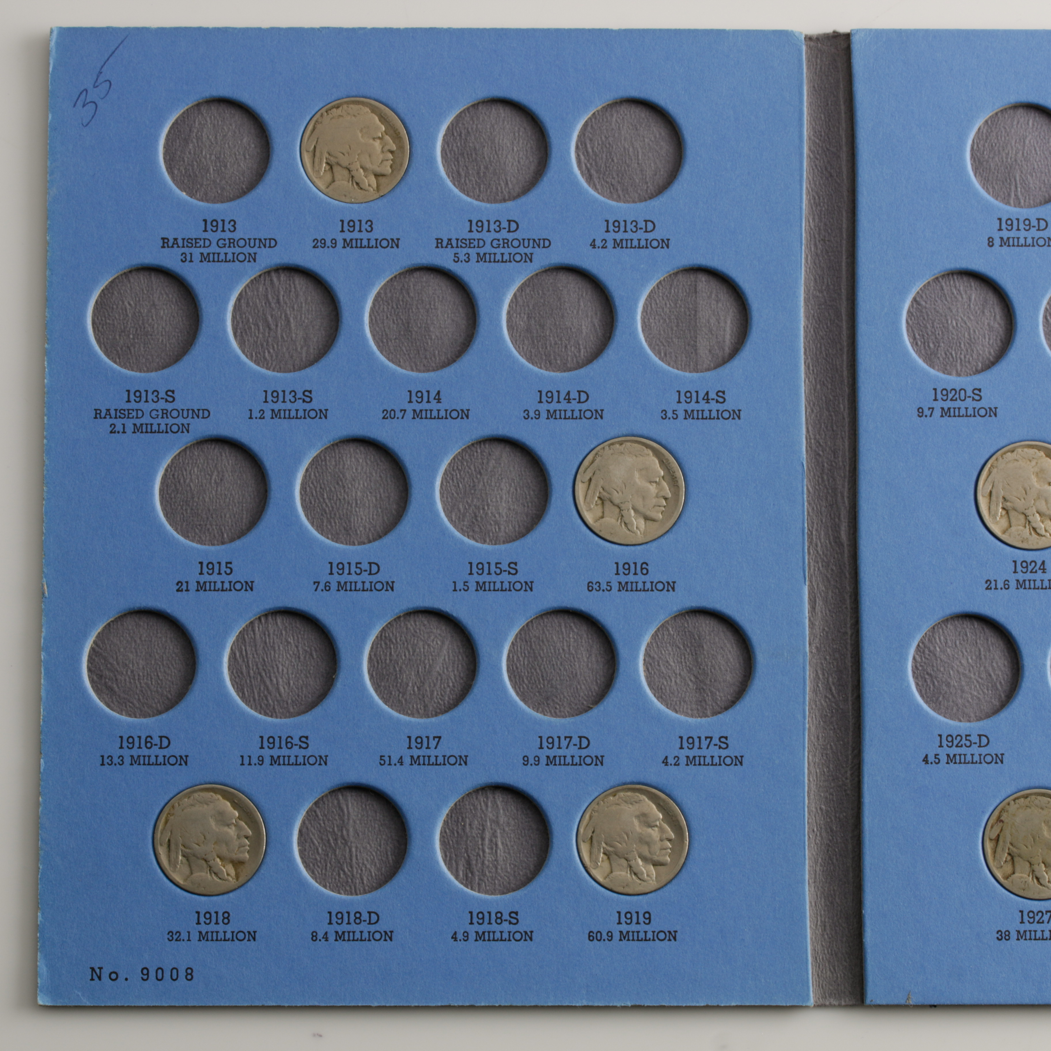 Group of 23 Buffalo Nickels in a Whitman Coin Folder Ranging in Age from 1913 to 1938