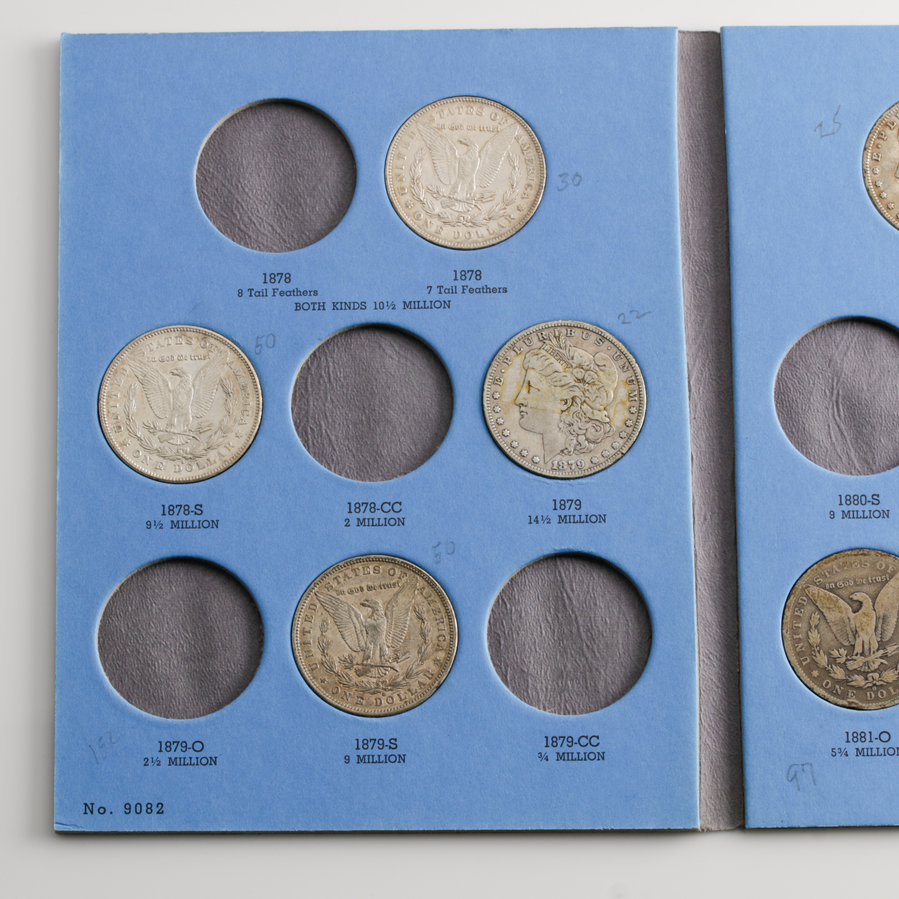 Group of 12 Silver Morgan Dollars in a Whitman Coin Folder Ranging in Age from 1878 to 1883