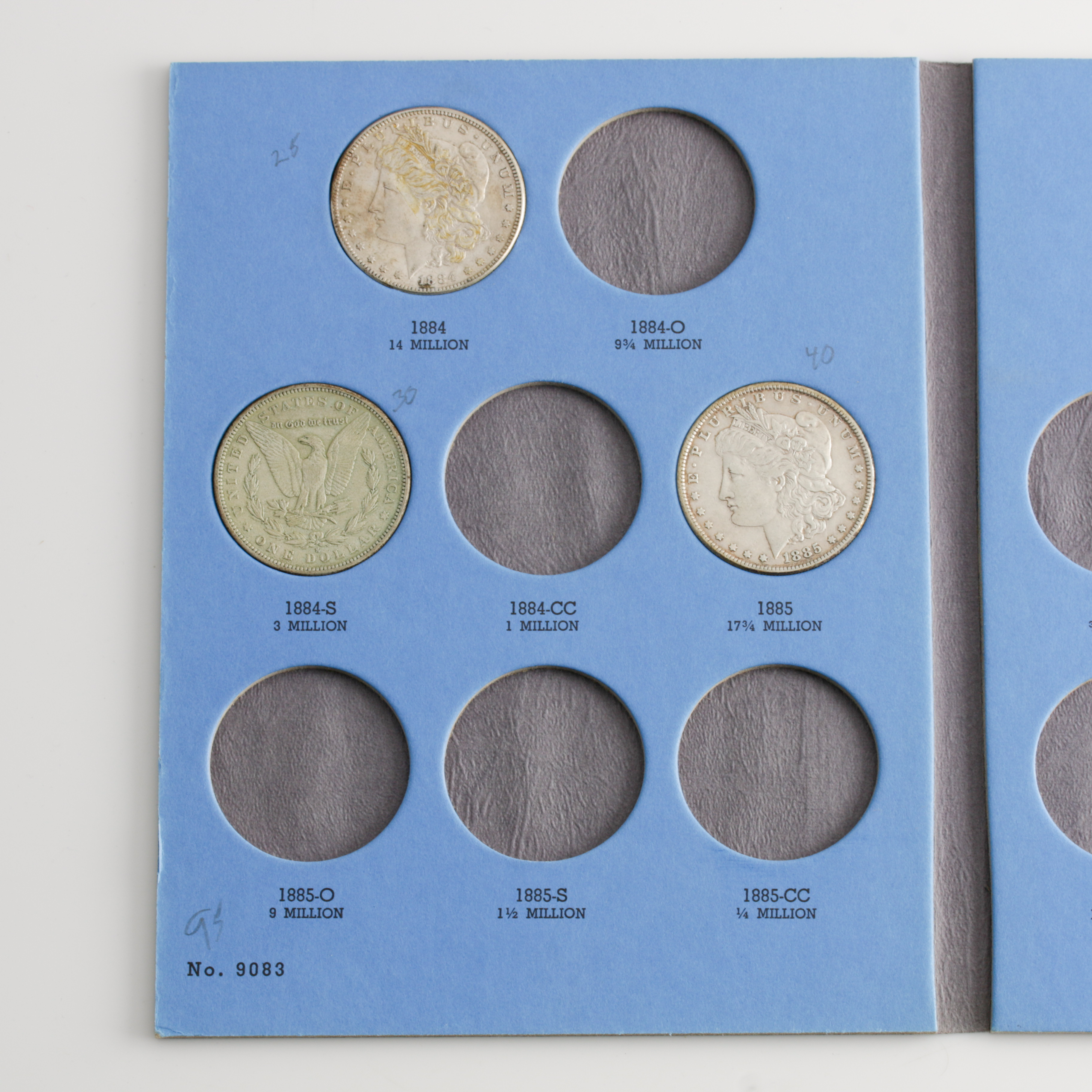 Group of 9 Silver Morgan Dollars in a Whitman Coin Folder Ranging in Age from 1884 to 1890