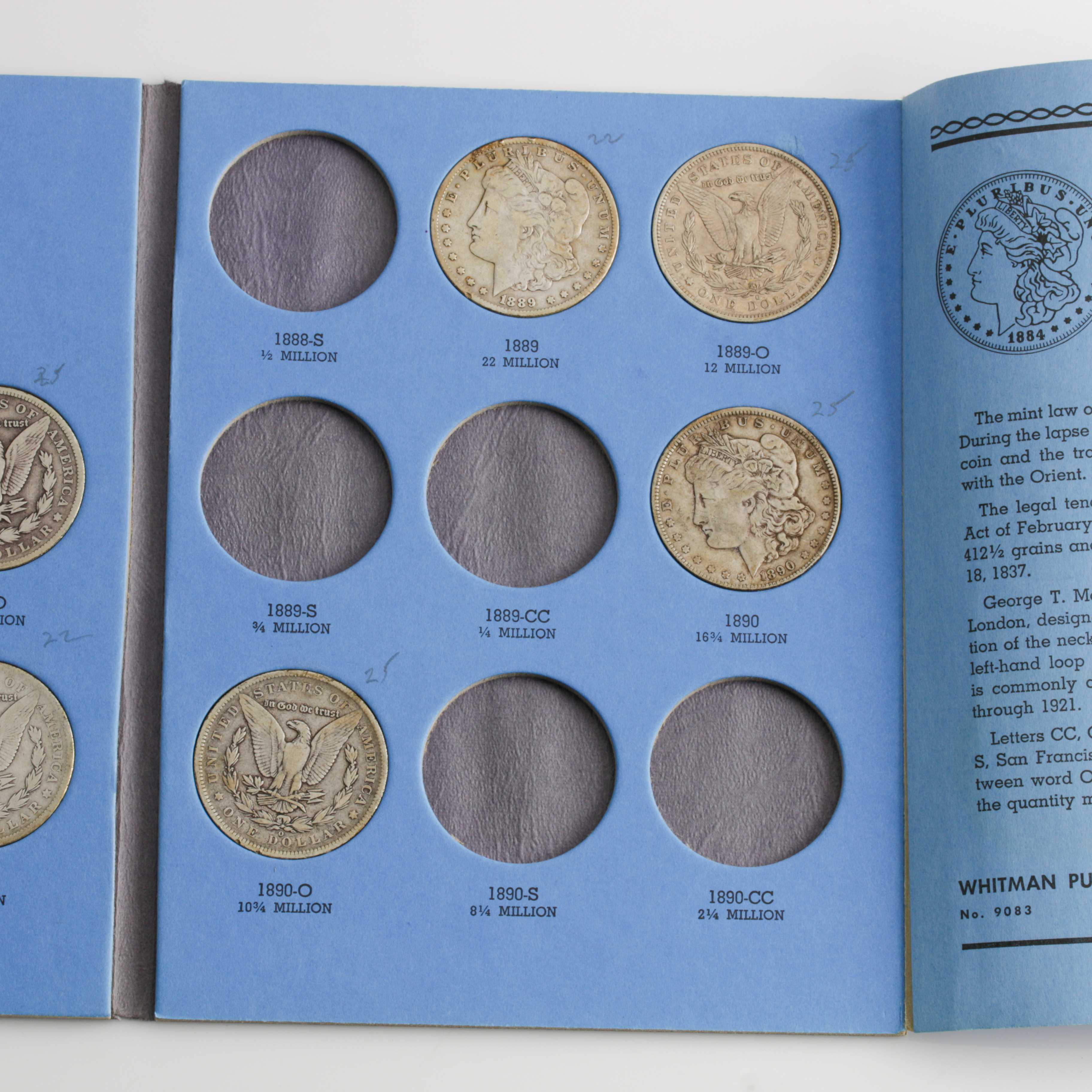 Group of 9 Silver Morgan Dollars in a Whitman Coin Folder Ranging in Age from 1884 to 1890