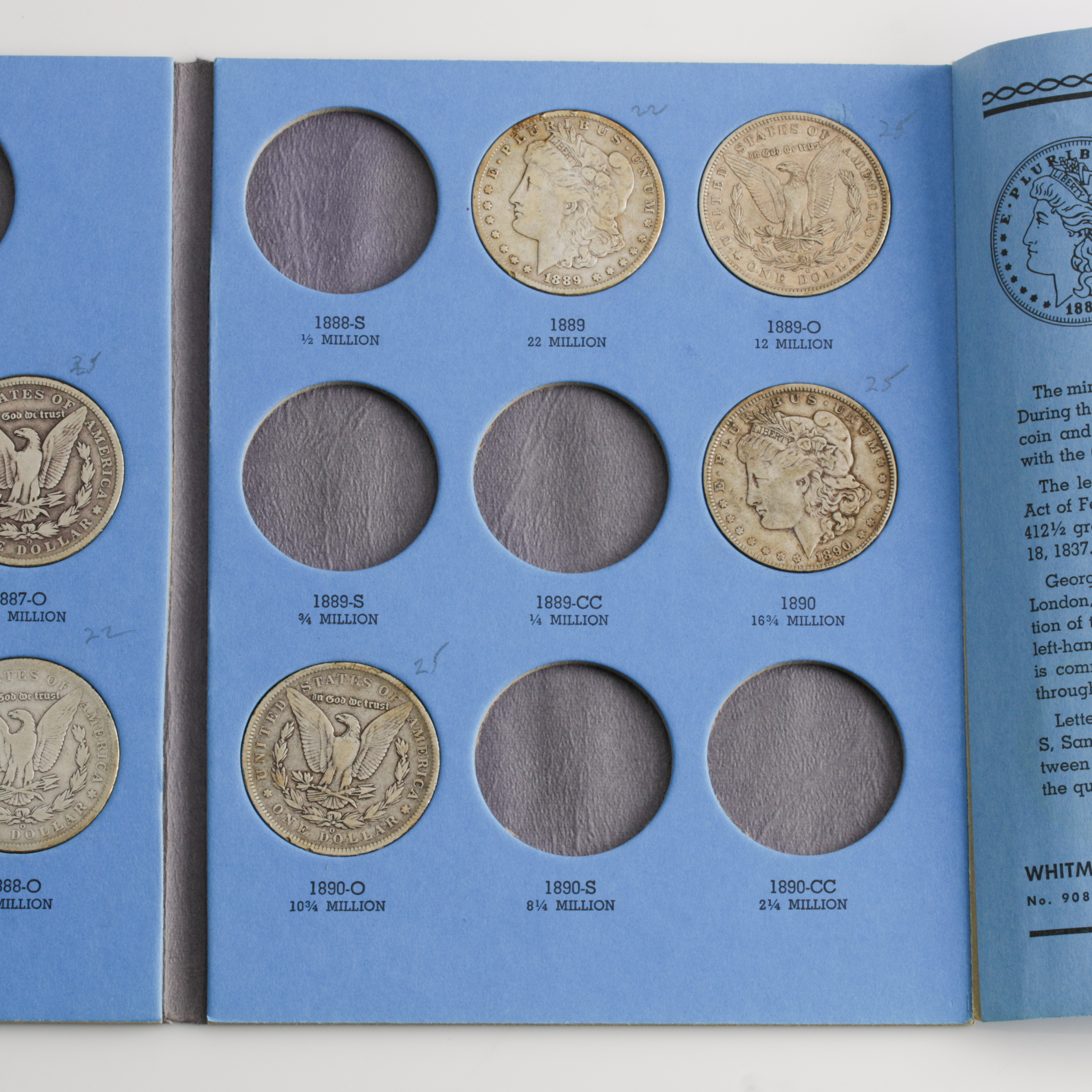 Group of 9 Silver Morgan Dollars in a Whitman Coin Folder Ranging in Age from 1884 to 1890