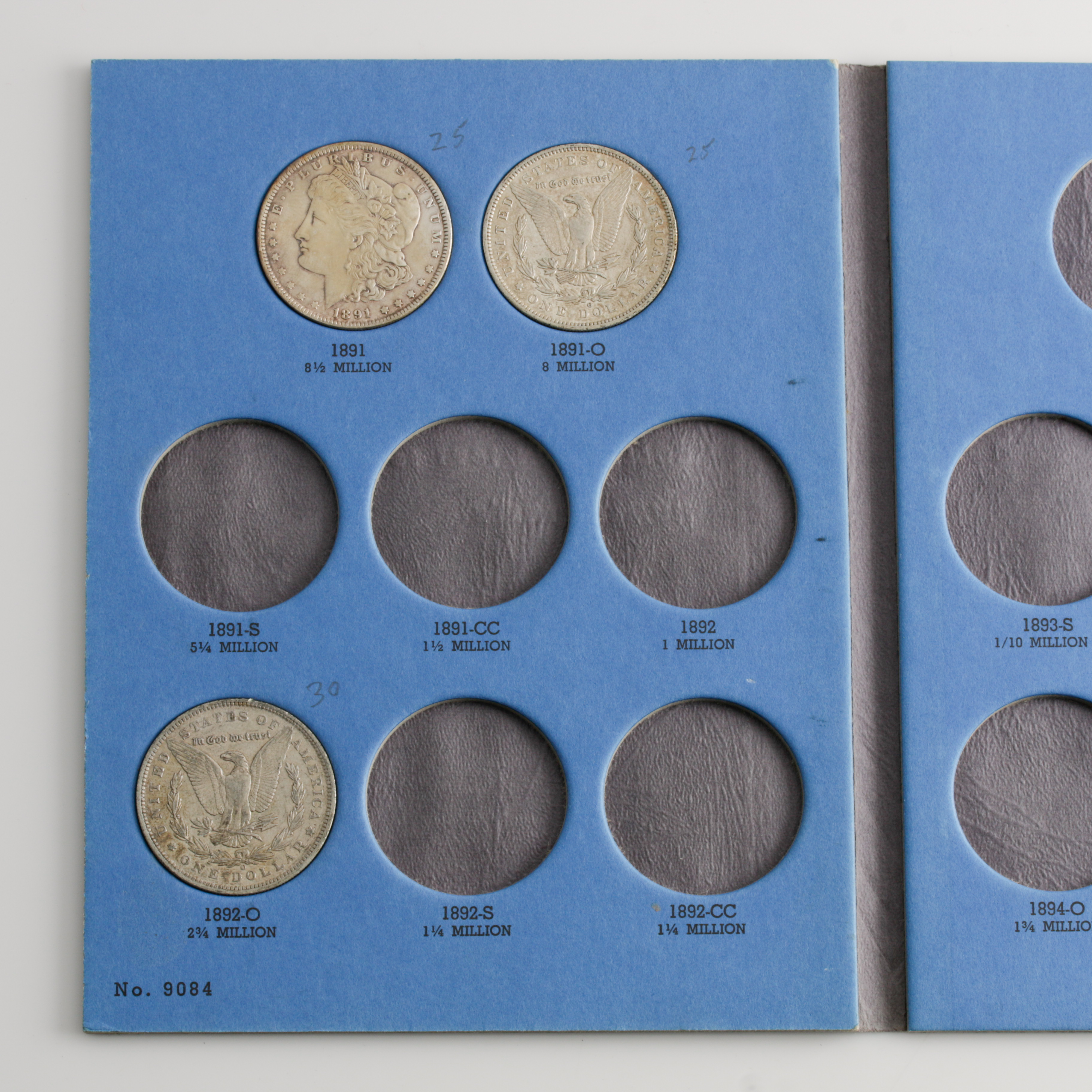 Group of 4 Silver Morgan Dollars in a Whitman Coin Folder Ranging in Age from 1891 to 1896