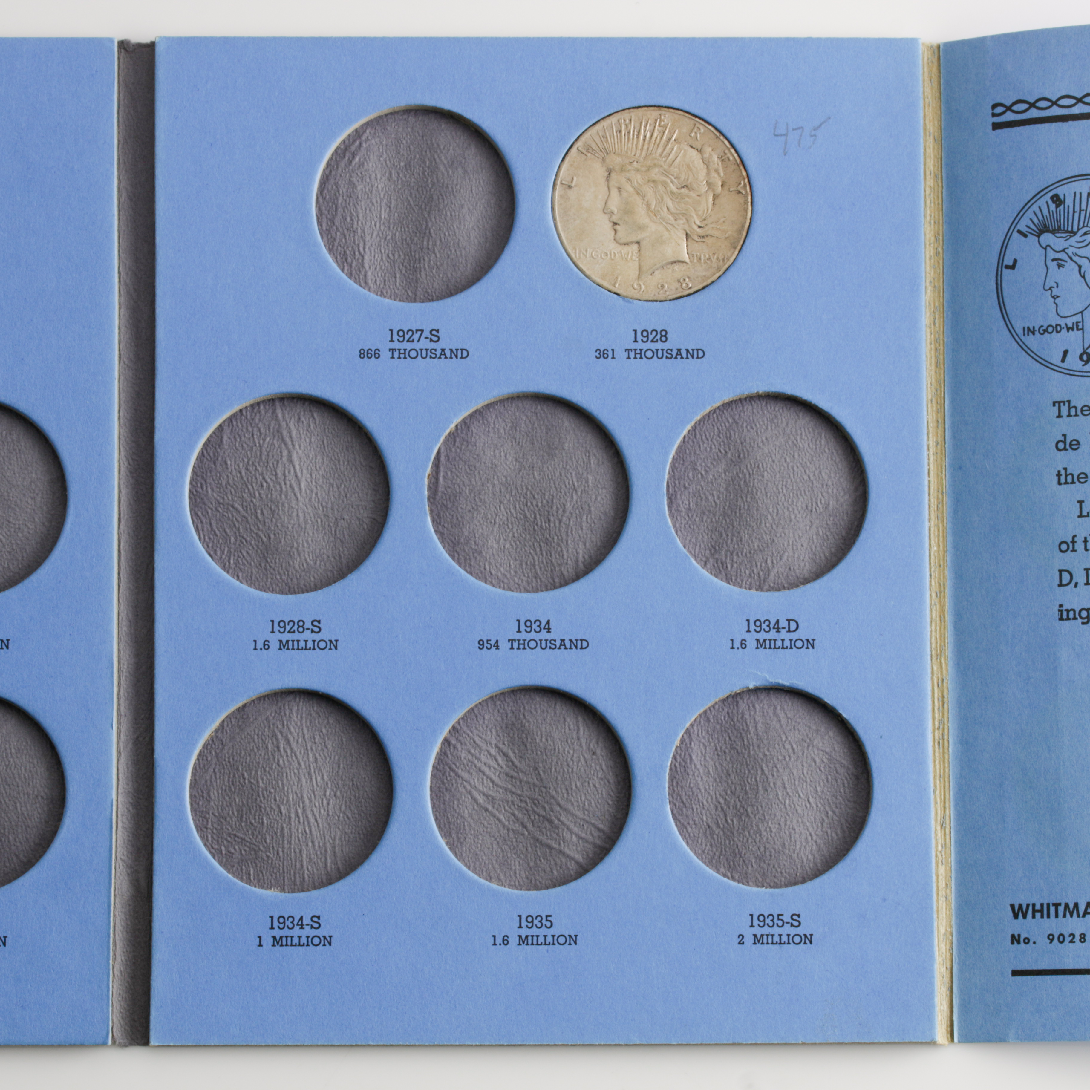 Group of 8 Silver Peace Dollars in a Whitman Coin Folder Ranging in Age from 1922 to 1928