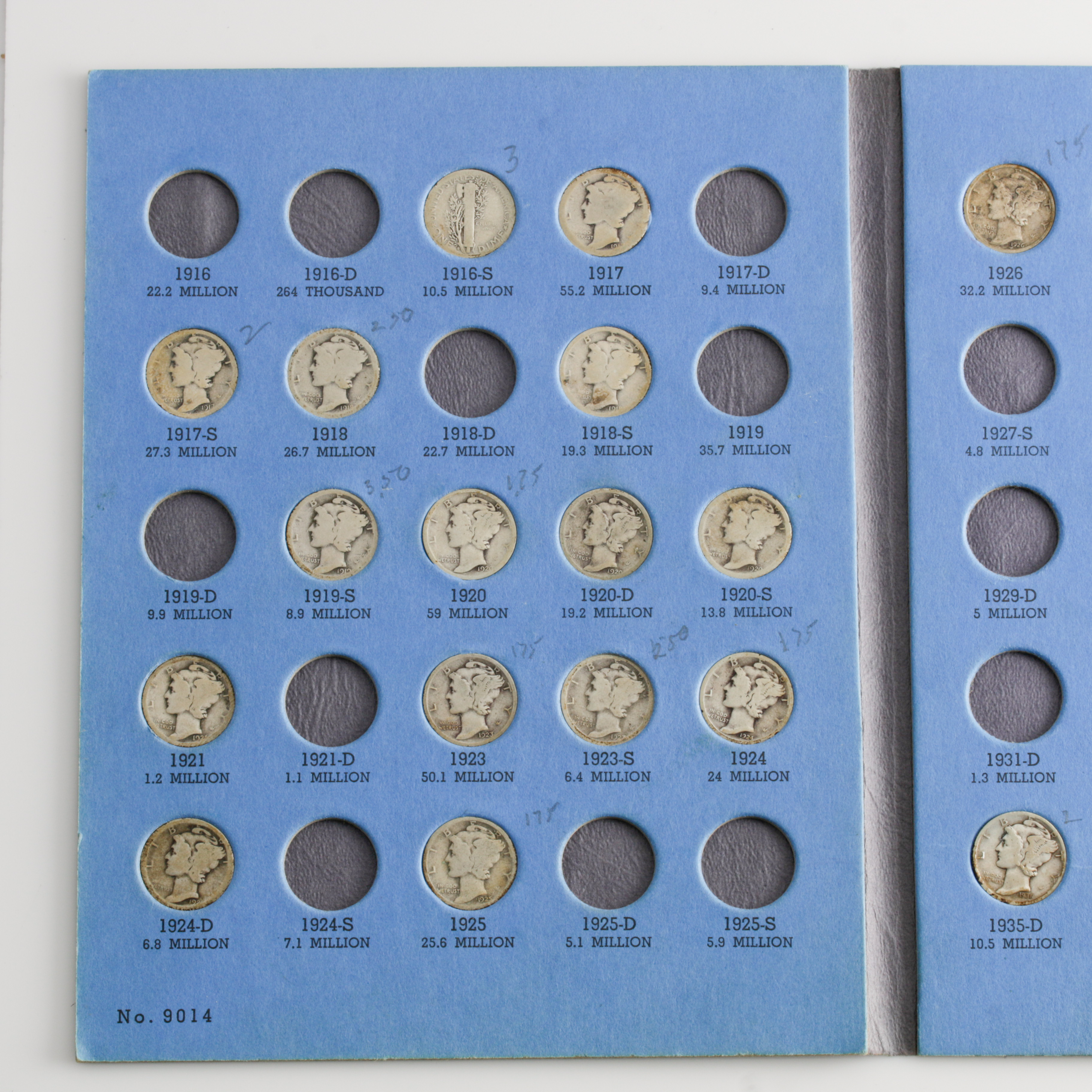 Group of 56 Silver Mercury Dimes in a Whitman Coin Folder Ranging in Age from 1916 to 1945