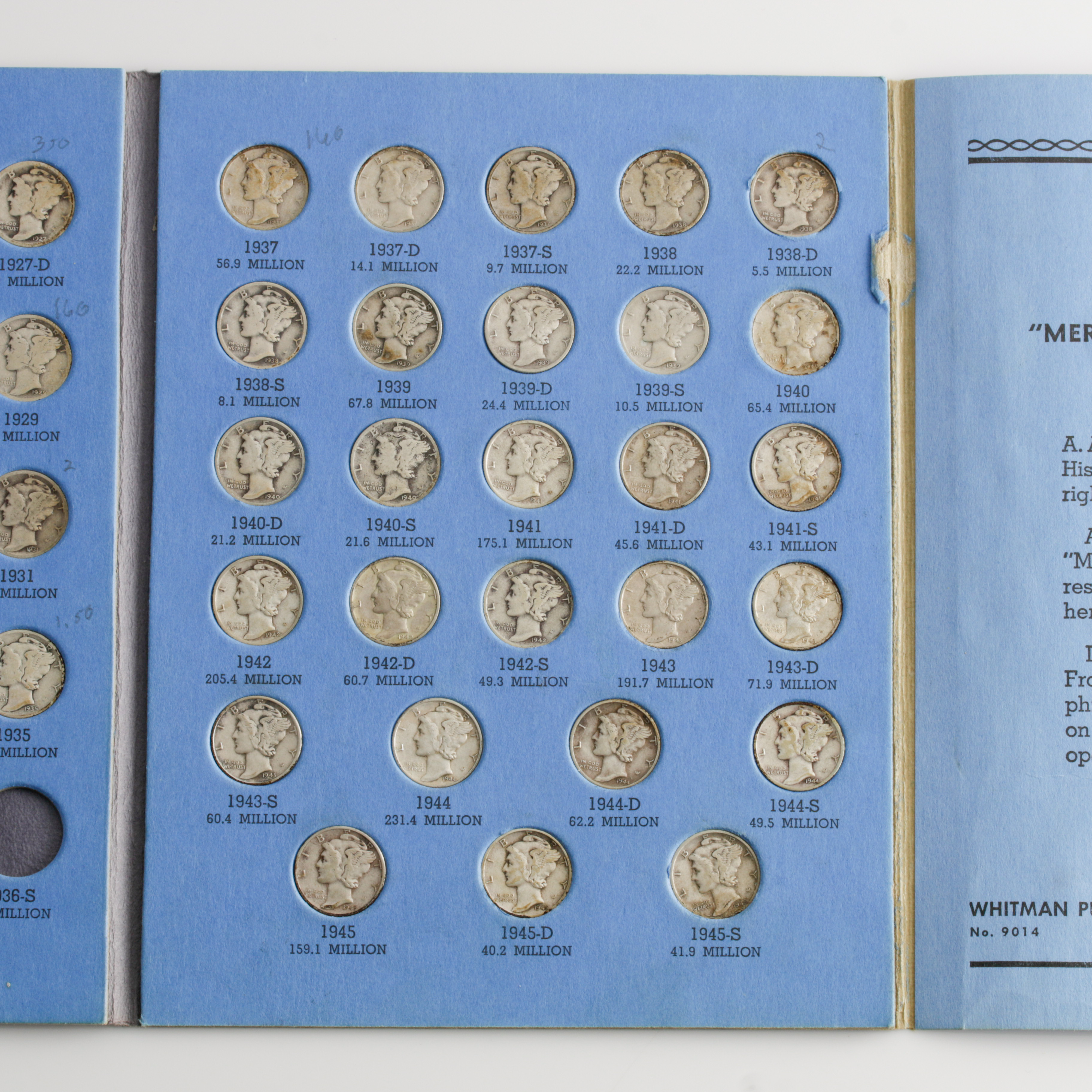 Group of 56 Silver Mercury Dimes in a Whitman Coin Folder Ranging in Age from 1916 to 1945