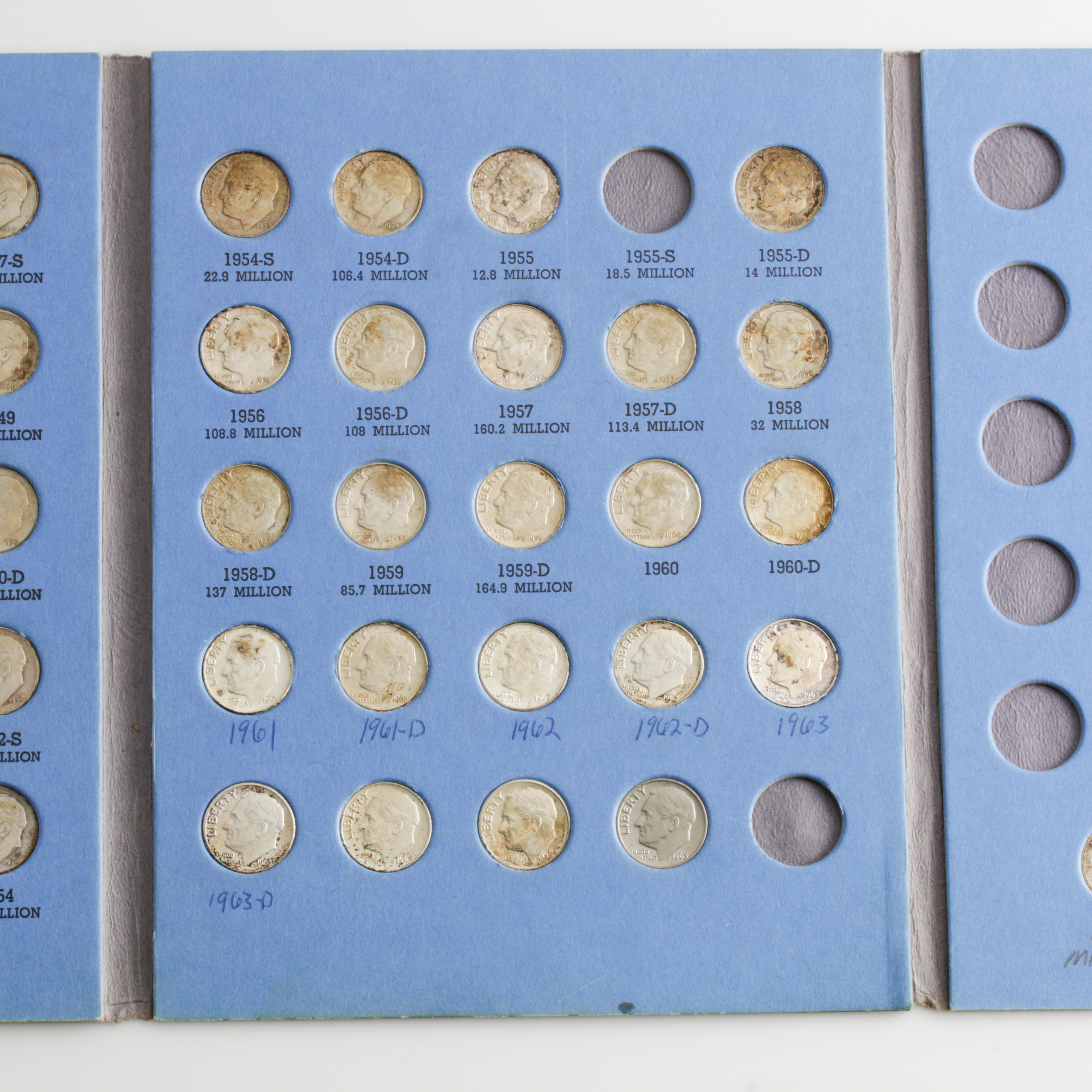 Group of 47 Silver Roosevelt Dimes in a Whitman Coin Folder Ranging in Age from 1946 to 1964