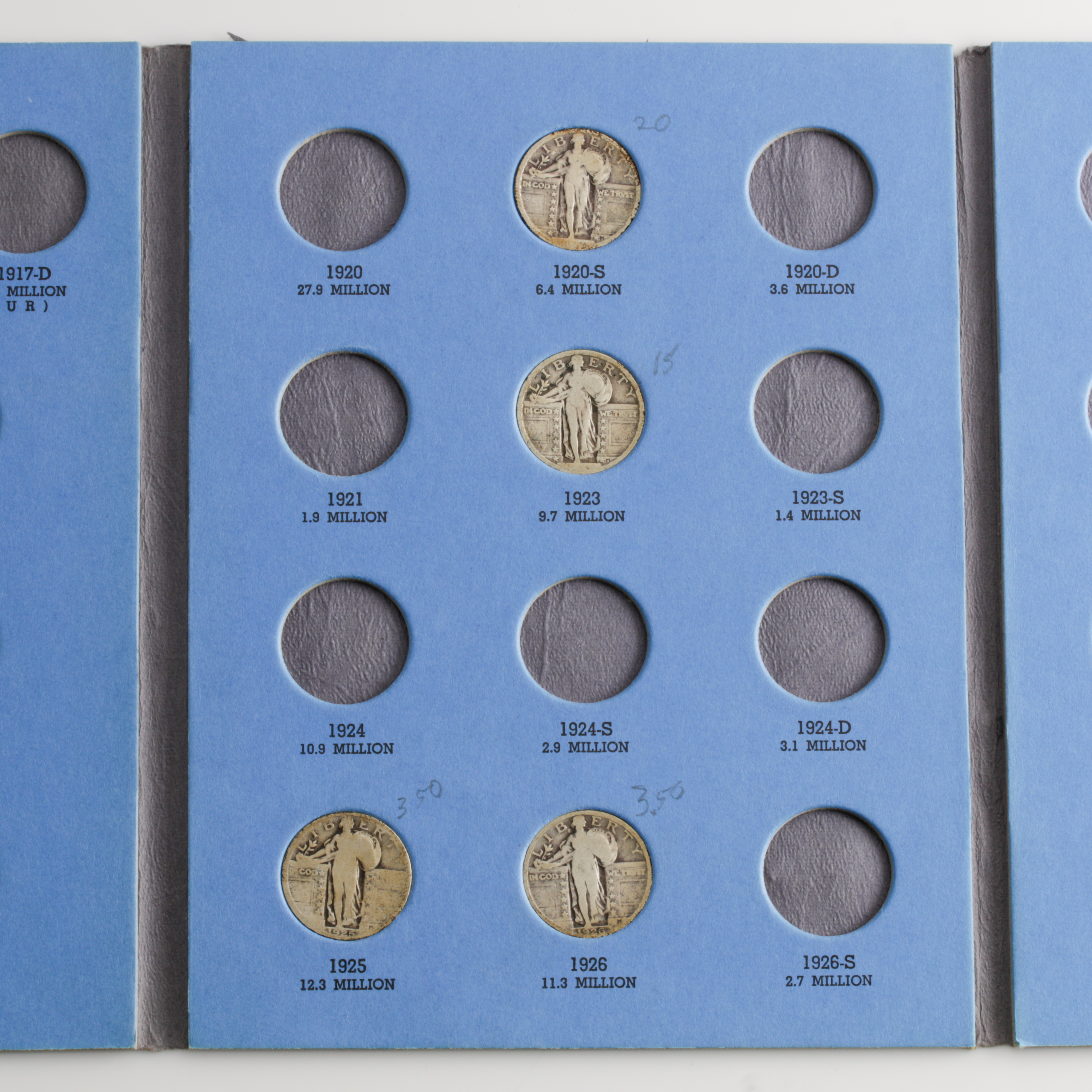 Group of 10 Standing Liberty Silver Quarters in a Whitman Coin Folder Ranging in Age from 1917 to 1930