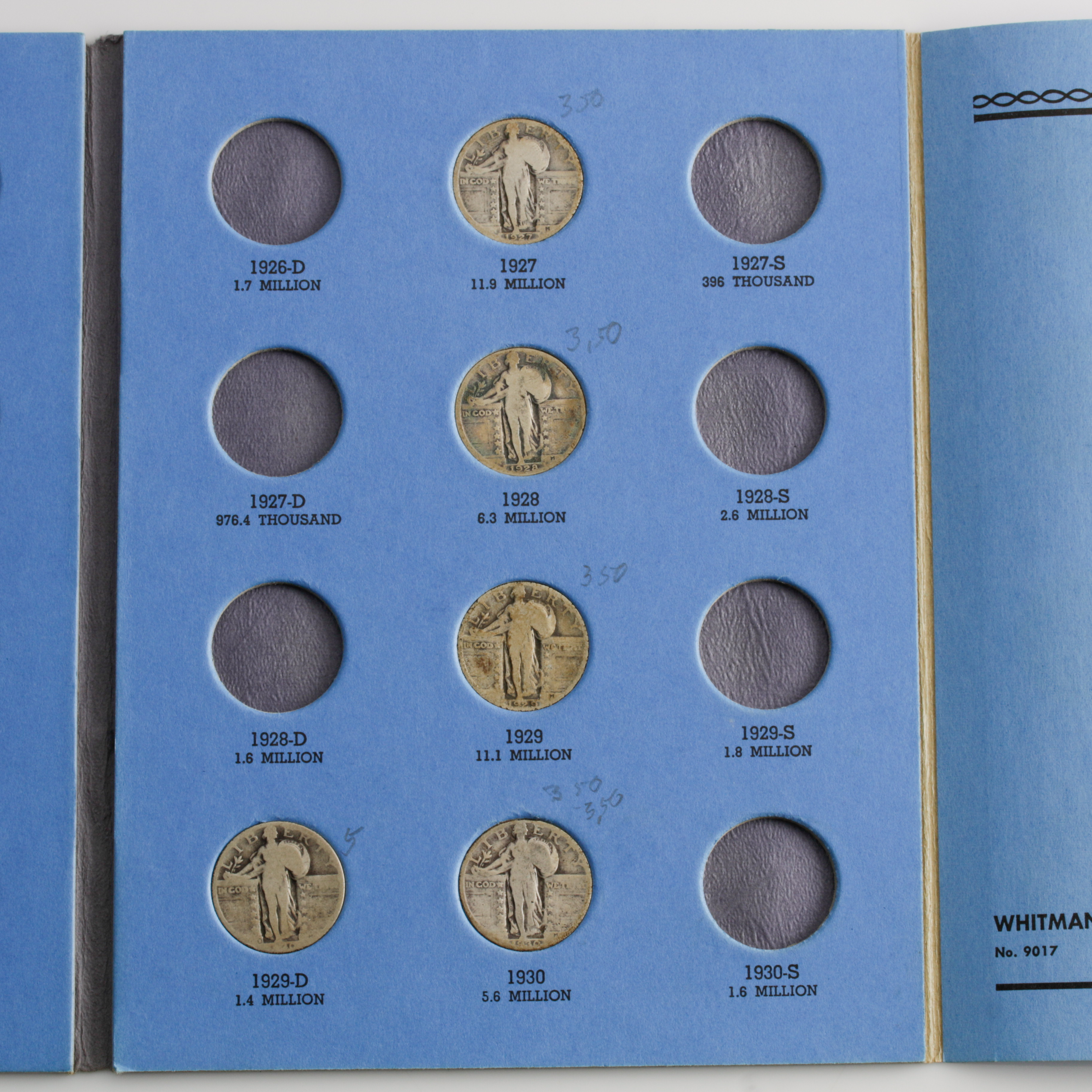 Group of 10 Standing Liberty Silver Quarters in a Whitman Coin Folder Ranging in Age from 1917 to 1930