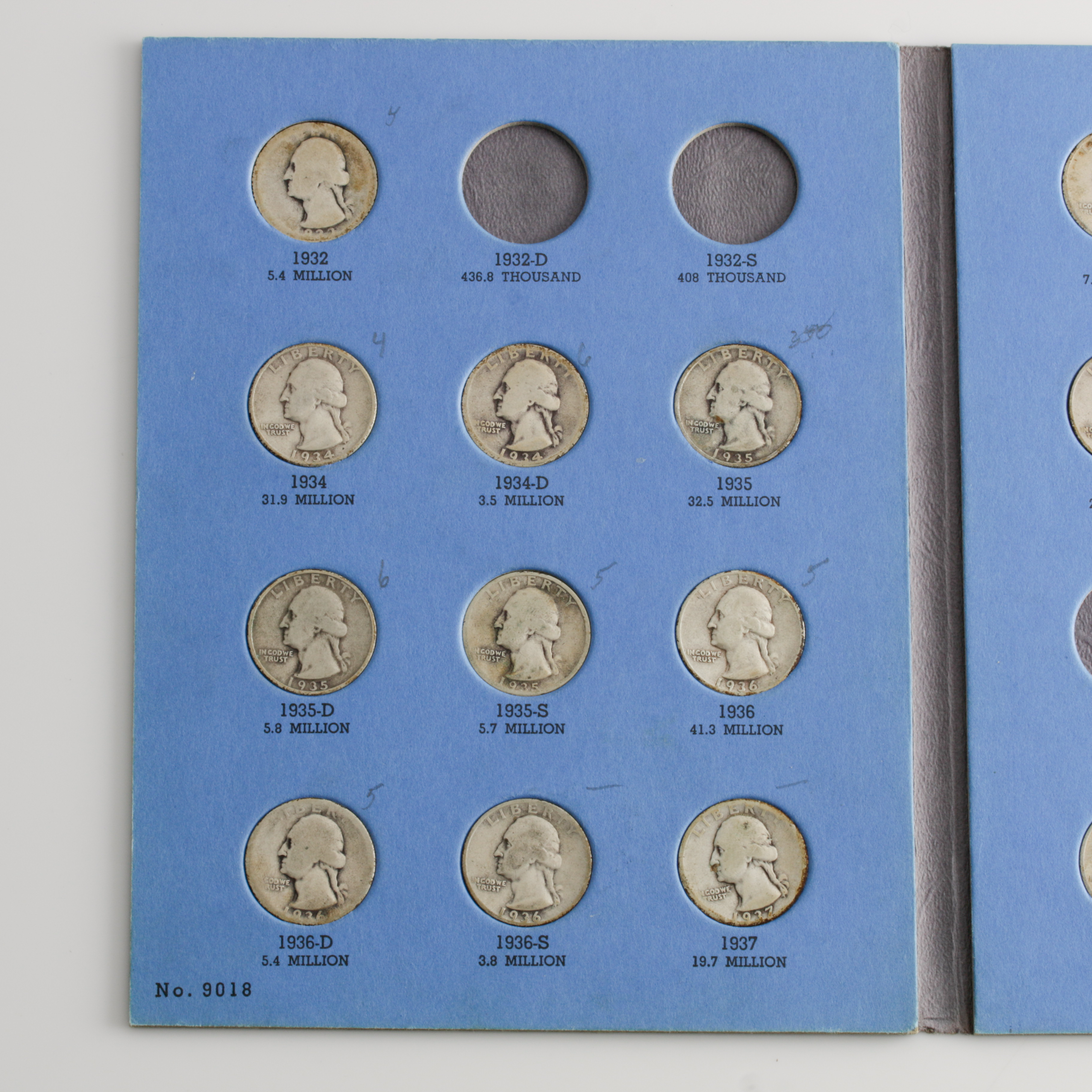 Group of 34 George Washington Silver Quarters in a Whitman Coin Folder Ranging in Age from 1932 to 1945
