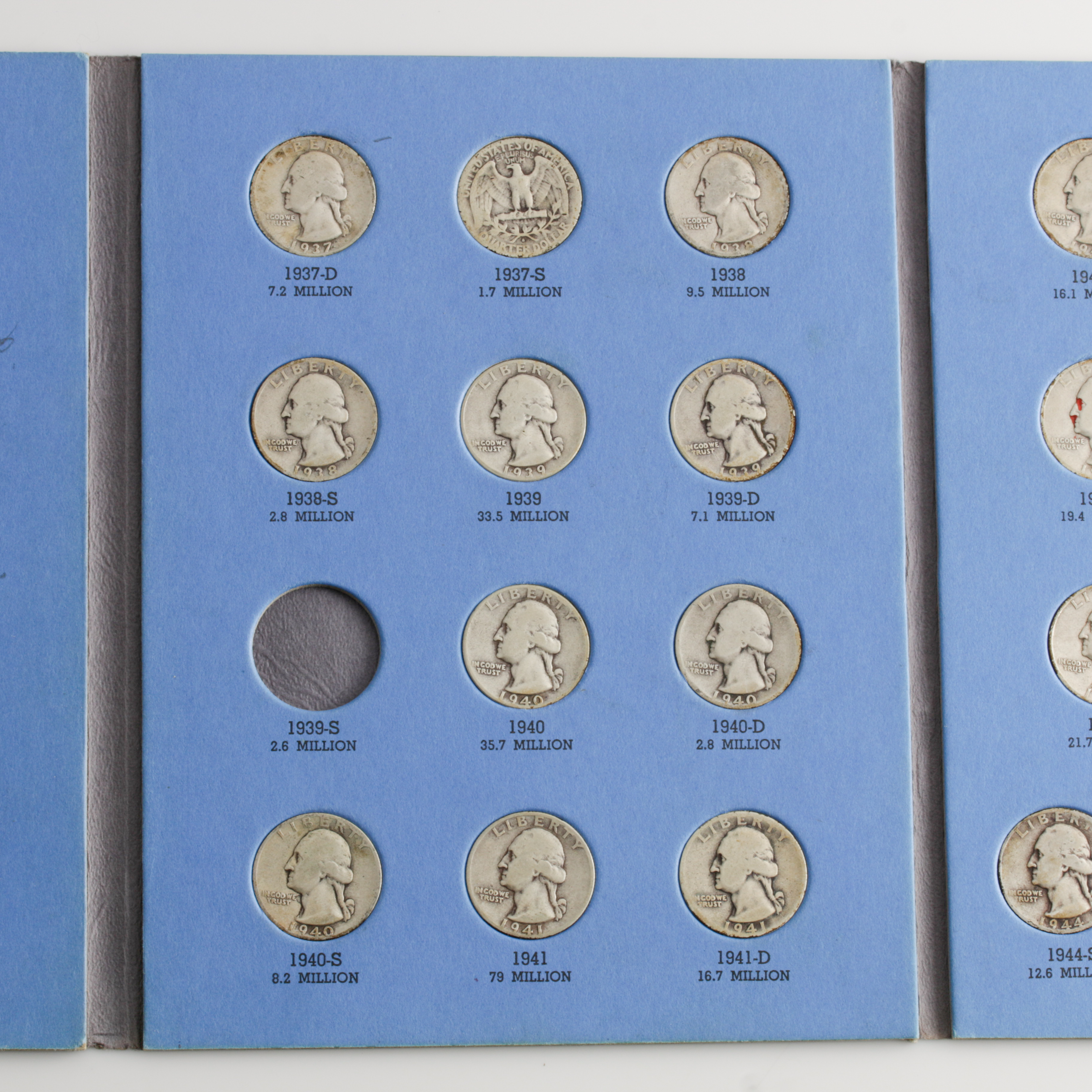 Group of 34 George Washington Silver Quarters in a Whitman Coin Folder Ranging in Age from 1932 to 1945